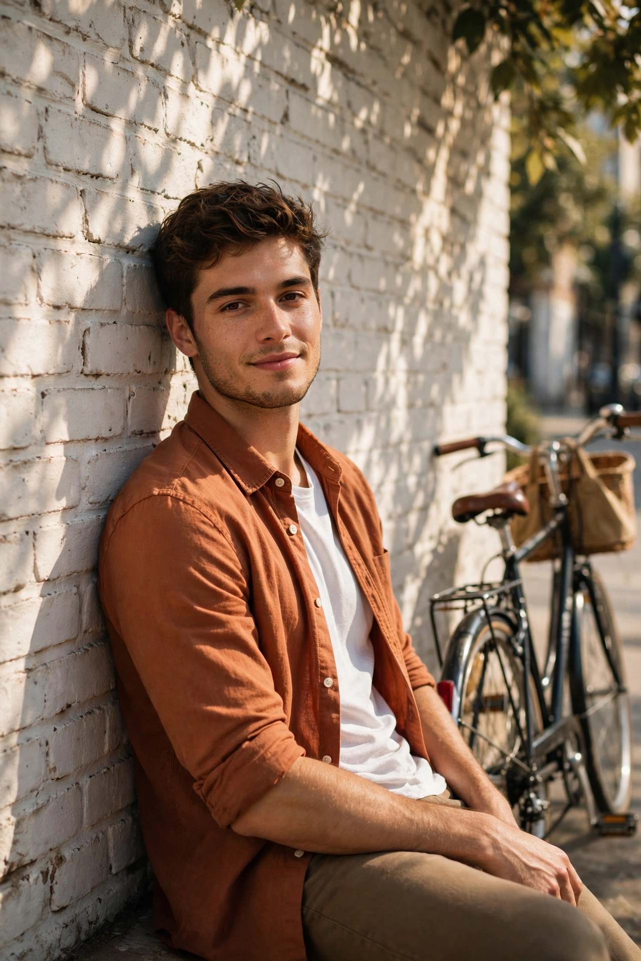 Create an ultra-realistic cinematic photograph of a stylish young man in a casual shirt posing by a sunlit wall with shadows of leaves, confident rela