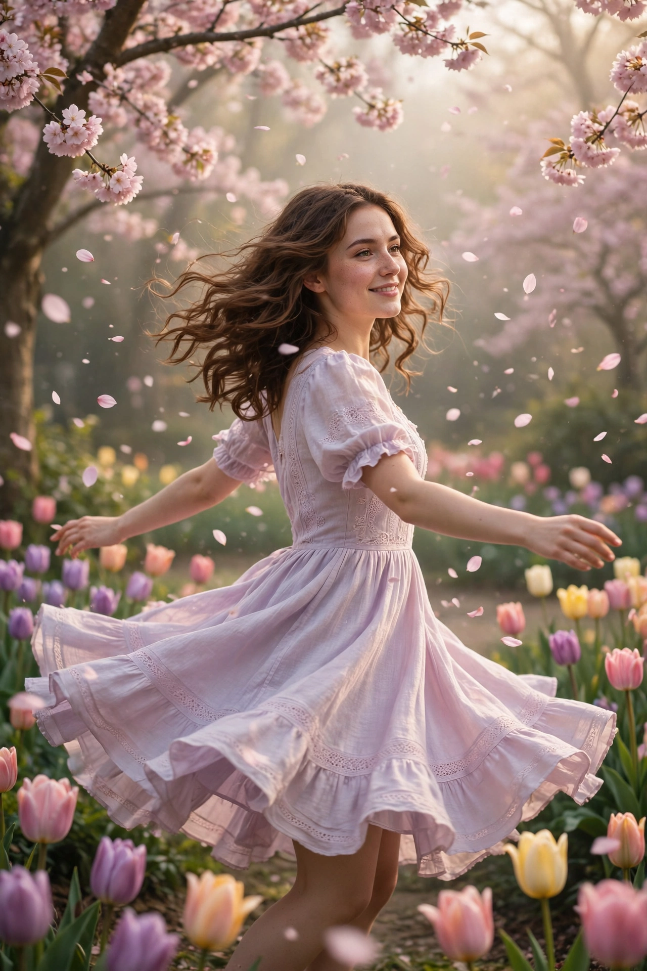 Create an ultra-realistic cinematic photograph of a young woman in a soft pastel dress in a blooming garden, dreamy haze, petals floating in the air