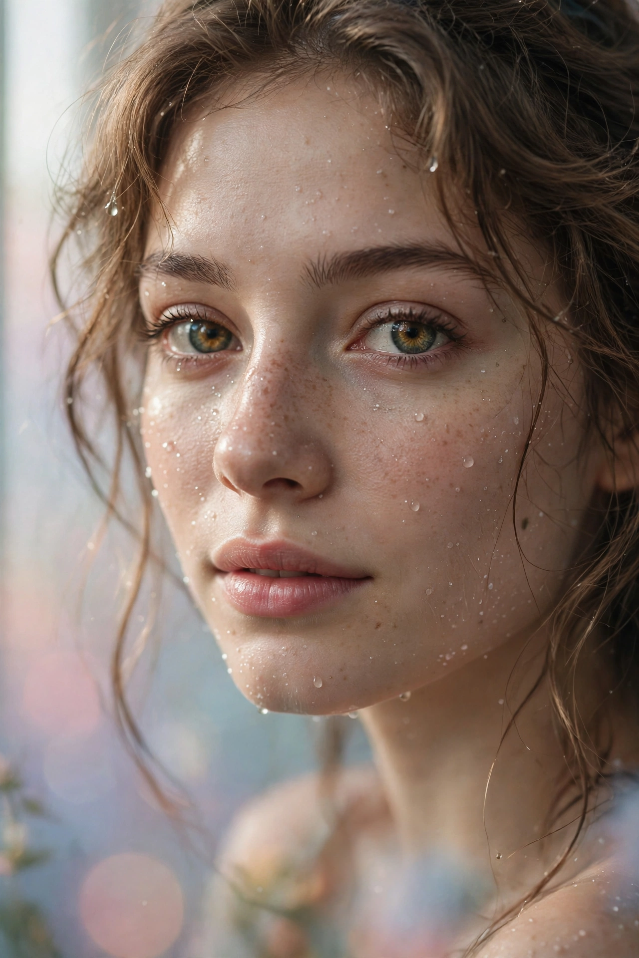 Create an ultra-realistic cinematic photograph of a close-up portrait of a young woman with expressive eyes, soft window light, dewdrops on skin, drea