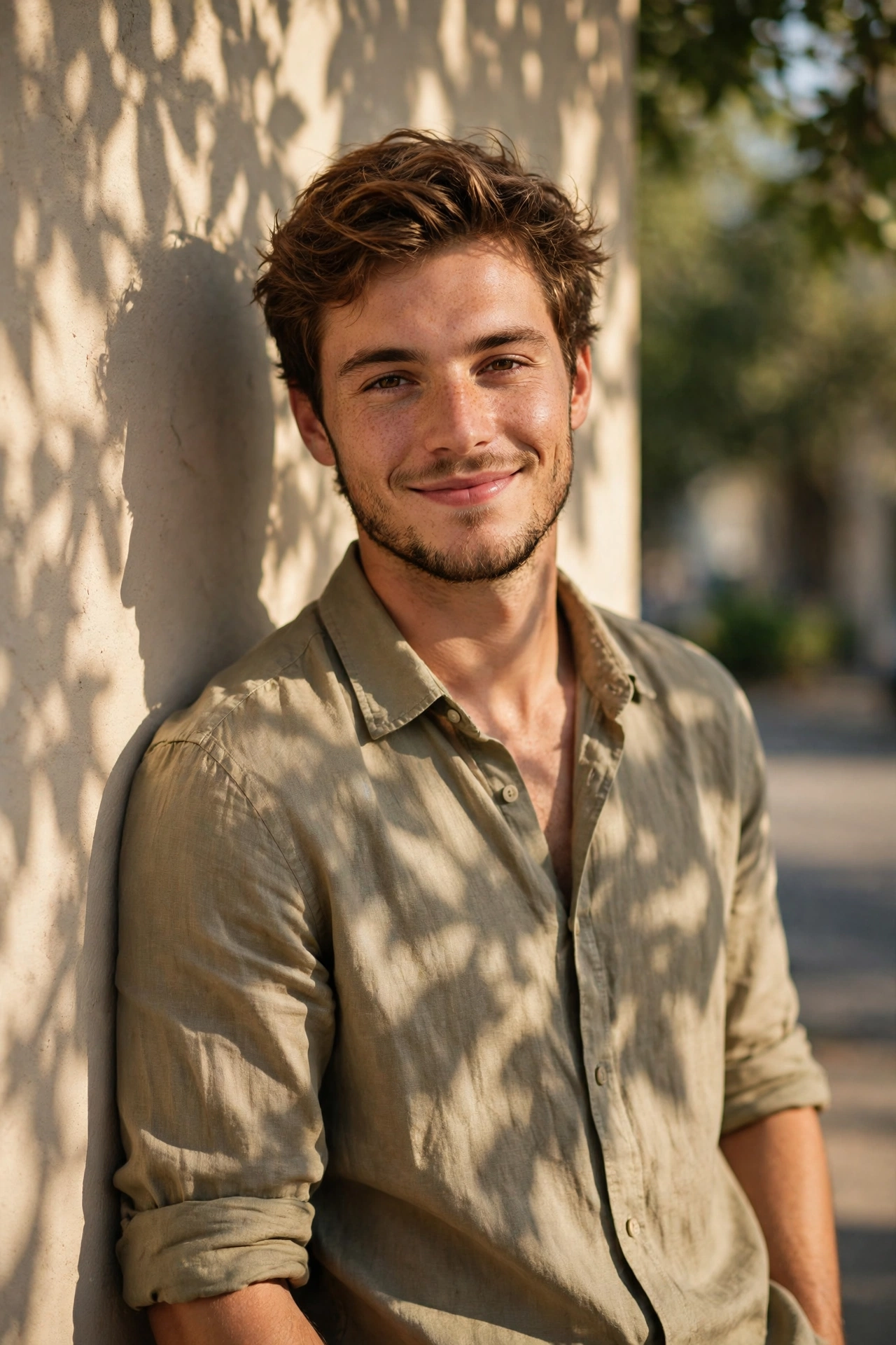 Create an ultra-realistic cinematic photograph of a stylish young man in a casual shirt posing by a sunlit wall with shadows of leaves, confident rela