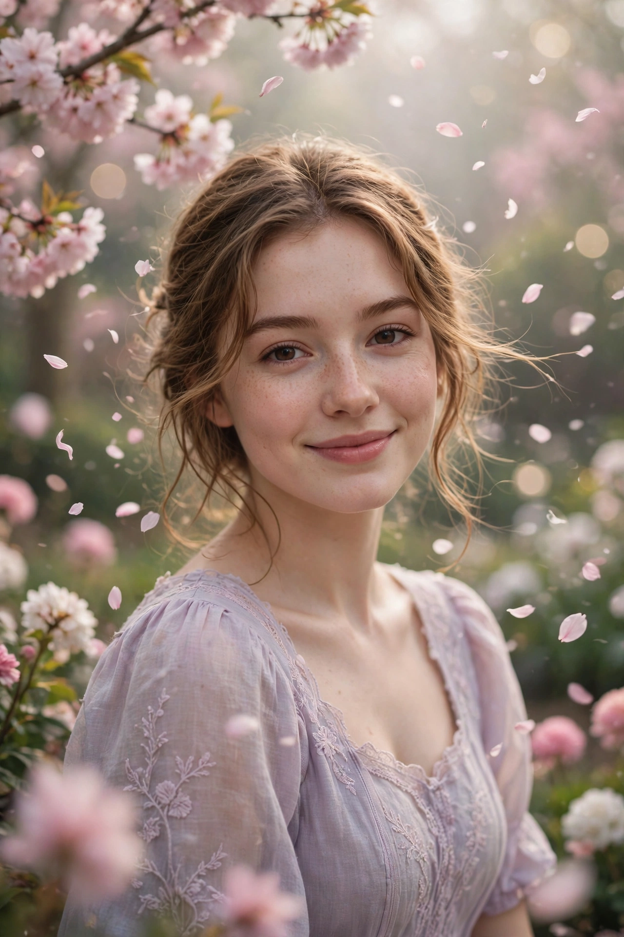 Create an ultra-realistic cinematic photograph of a young woman in a soft pastel dress in a blooming garden, dreamy haze, petals floating in the air