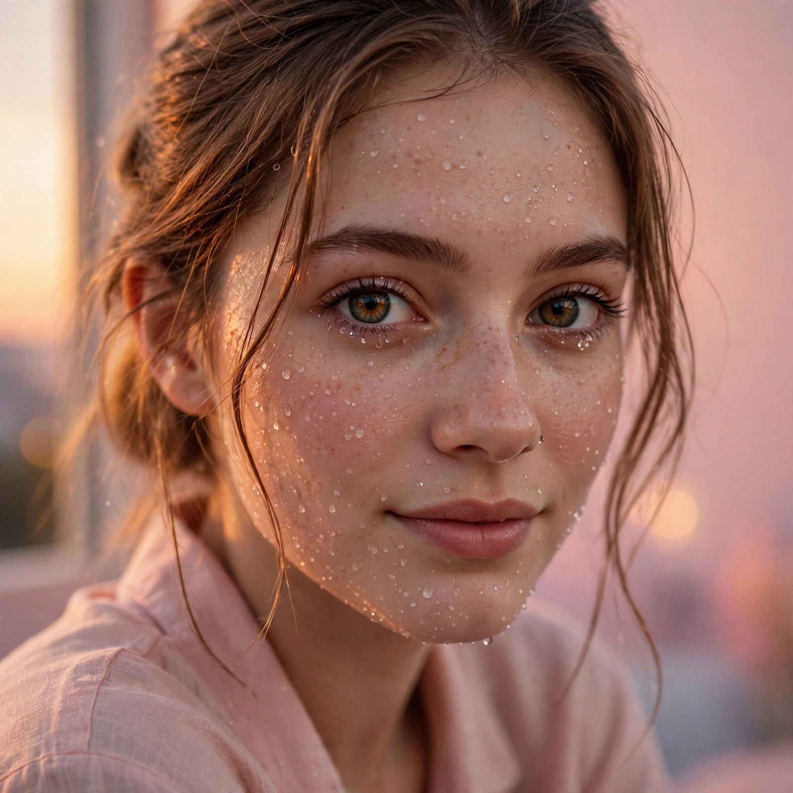 Create an ultra-realistic cinematic photograph of a close-up portrait of a young woman with expressive eyes, soft window light, dewdrops on skin, drea