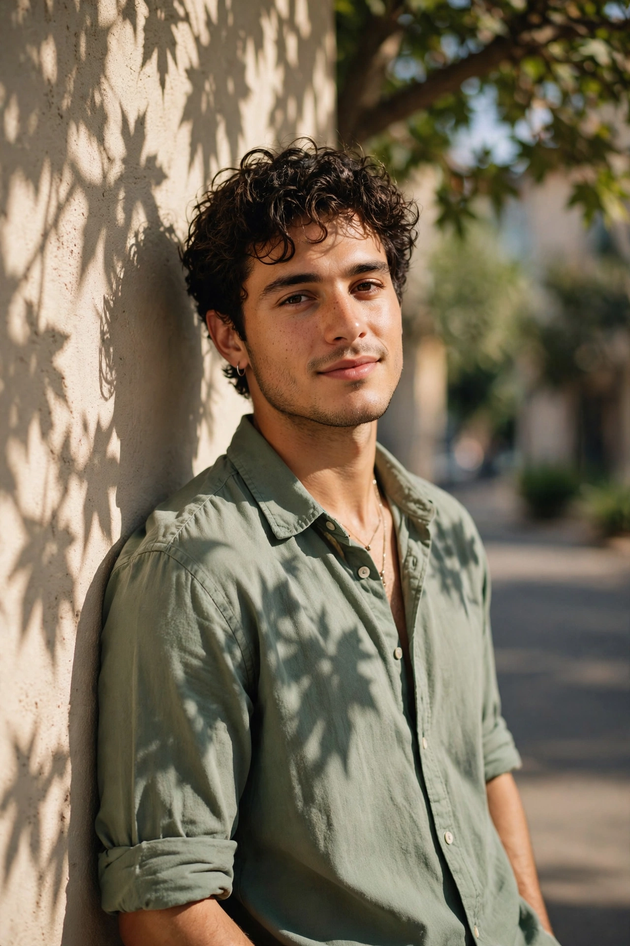 Create an ultra-realistic cinematic photograph of a stylish young man in a casual shirt posing by a sunlit wall with shadows of leaves, confident rela