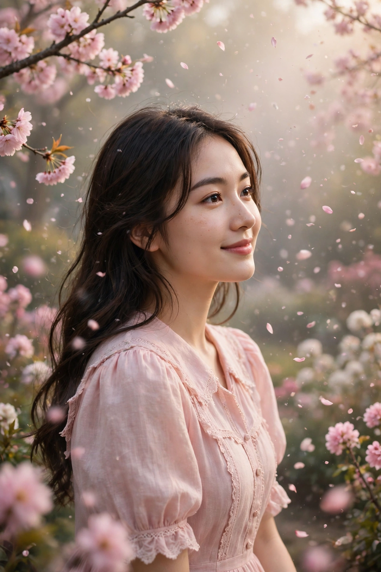Create an ultra-realistic cinematic photograph of a young woman in a soft pastel dress in a blooming garden, dreamy haze, petals floating in the air