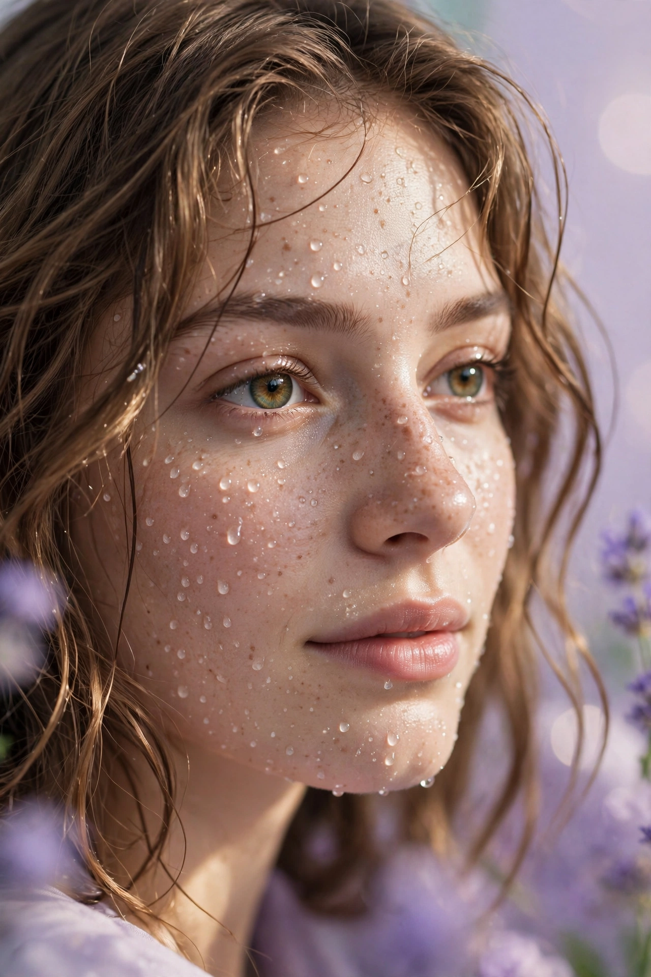 Create an ultra-realistic cinematic photograph of a close-up portrait of a young woman with expressive eyes, soft window light, dewdrops on skin, drea