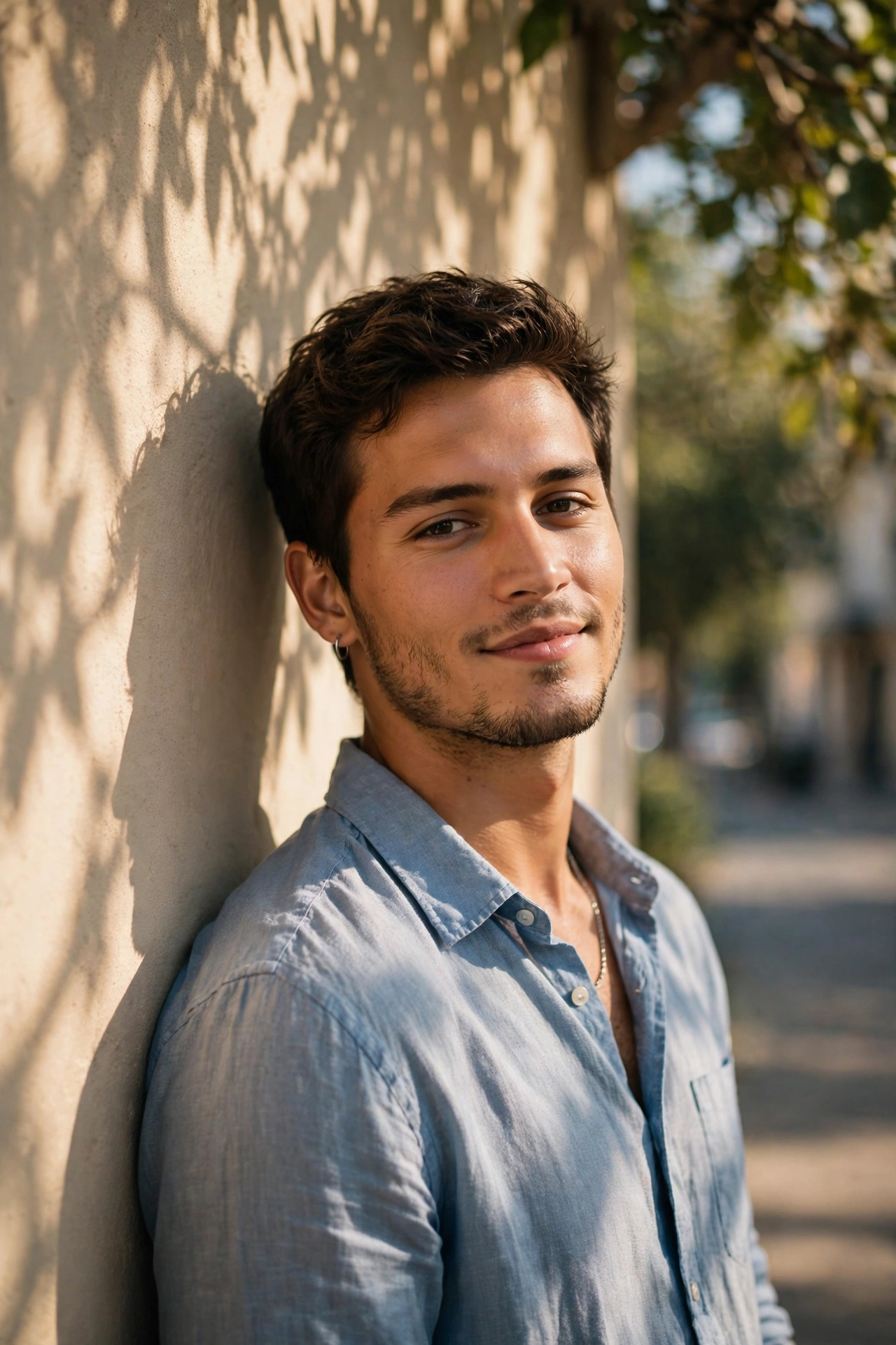 Create an ultra-realistic cinematic photograph of a stylish young man in a casual shirt posing by a sunlit wall with shadows of leaves, confident rela