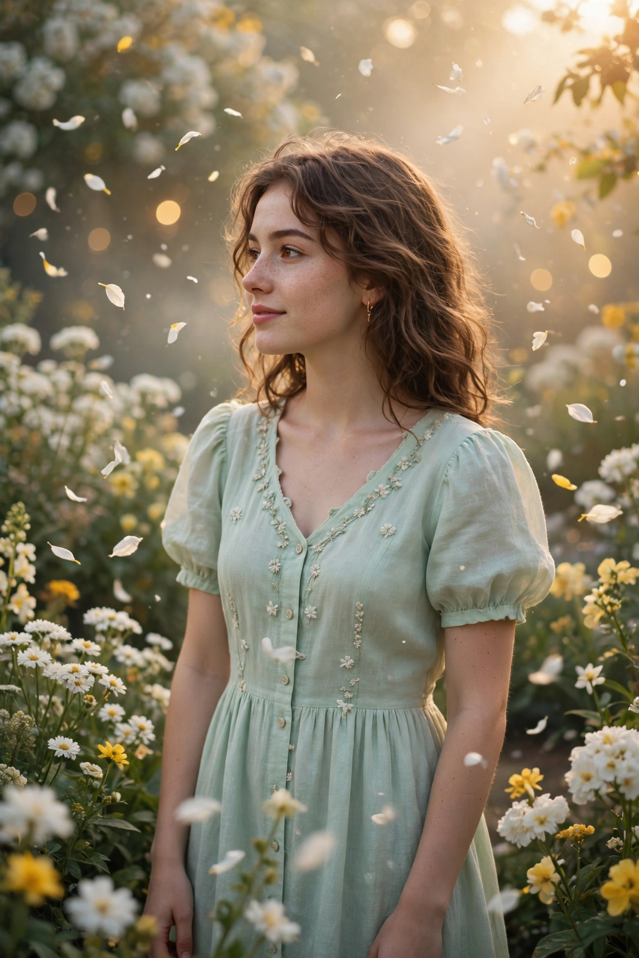 Create an ultra-realistic cinematic photograph of a young woman in a soft pastel dress in a blooming garden, dreamy haze, petals floating in the air