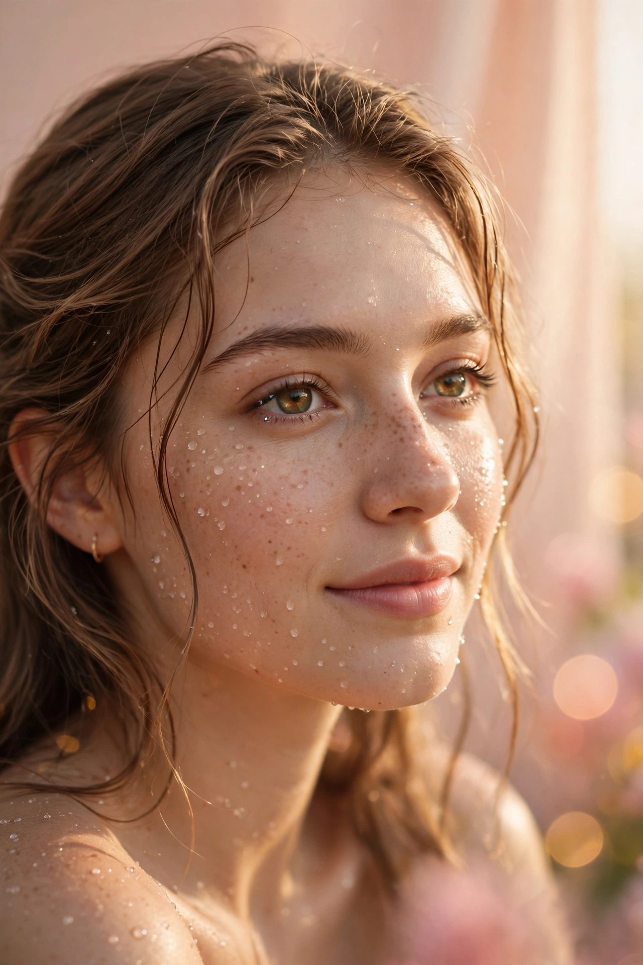Create an ultra-realistic cinematic photograph of a close-up portrait of a young woman with expressive eyes, soft window light, dewdrops on skin, drea