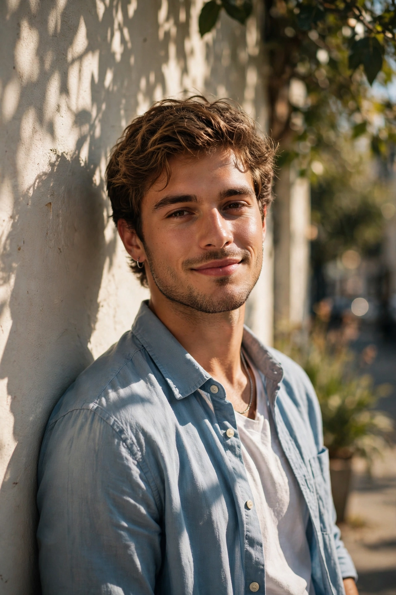 Create an ultra-realistic cinematic photograph of a stylish young man in a casual shirt posing by a sunlit wall with shadows of leaves, confident rela