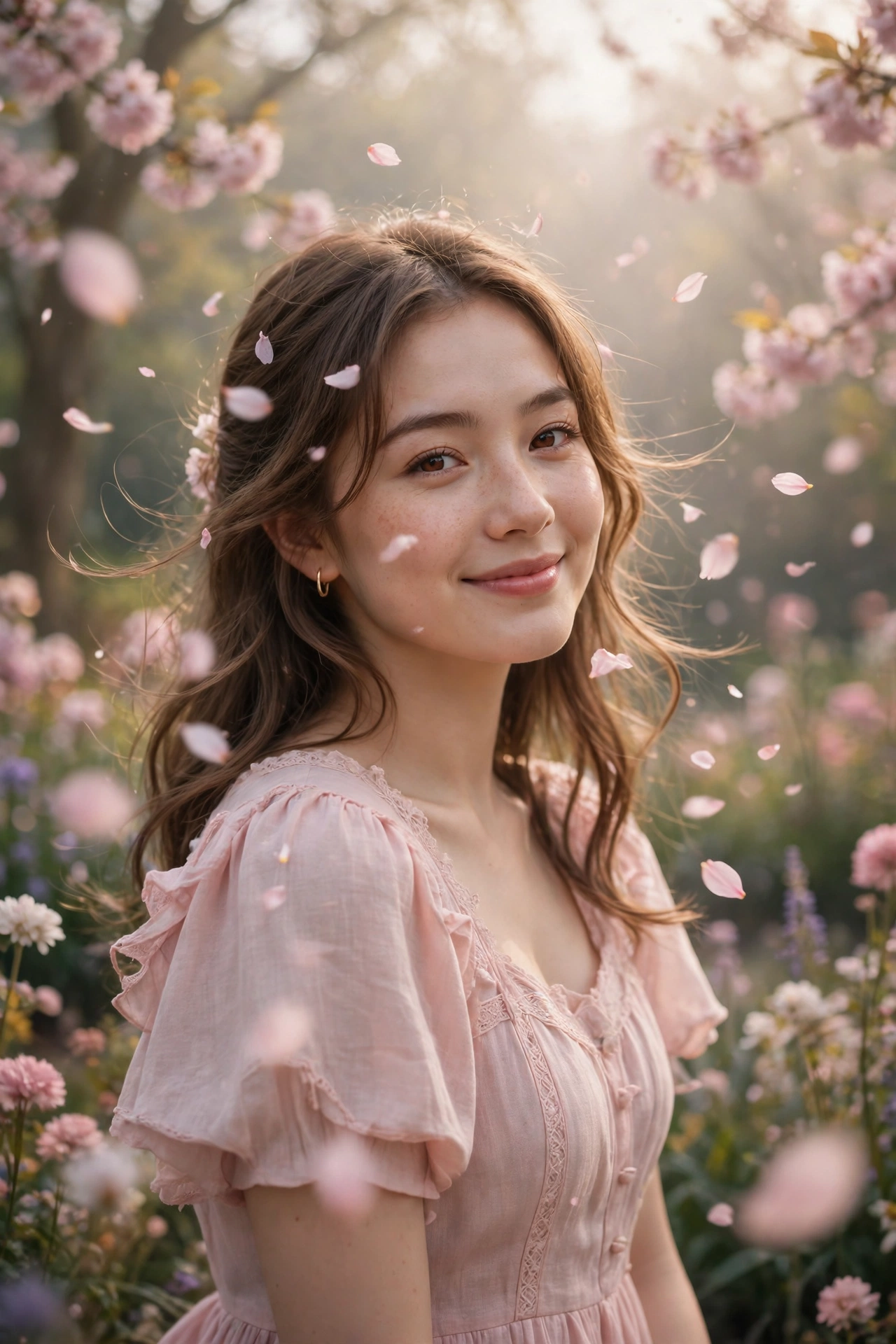 Create an ultra-realistic cinematic photograph of a young woman in a soft pastel dress in a blooming garden, dreamy haze, petals floating in the air