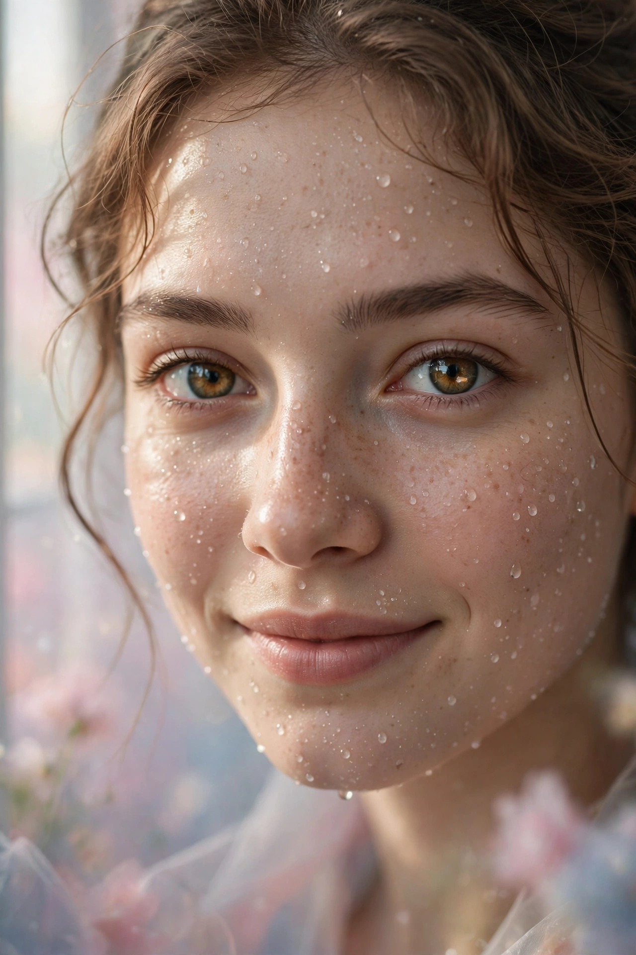 Create an ultra-realistic cinematic photograph of a close-up portrait of a young woman with expressive eyes, soft window light, dewdrops on skin, drea