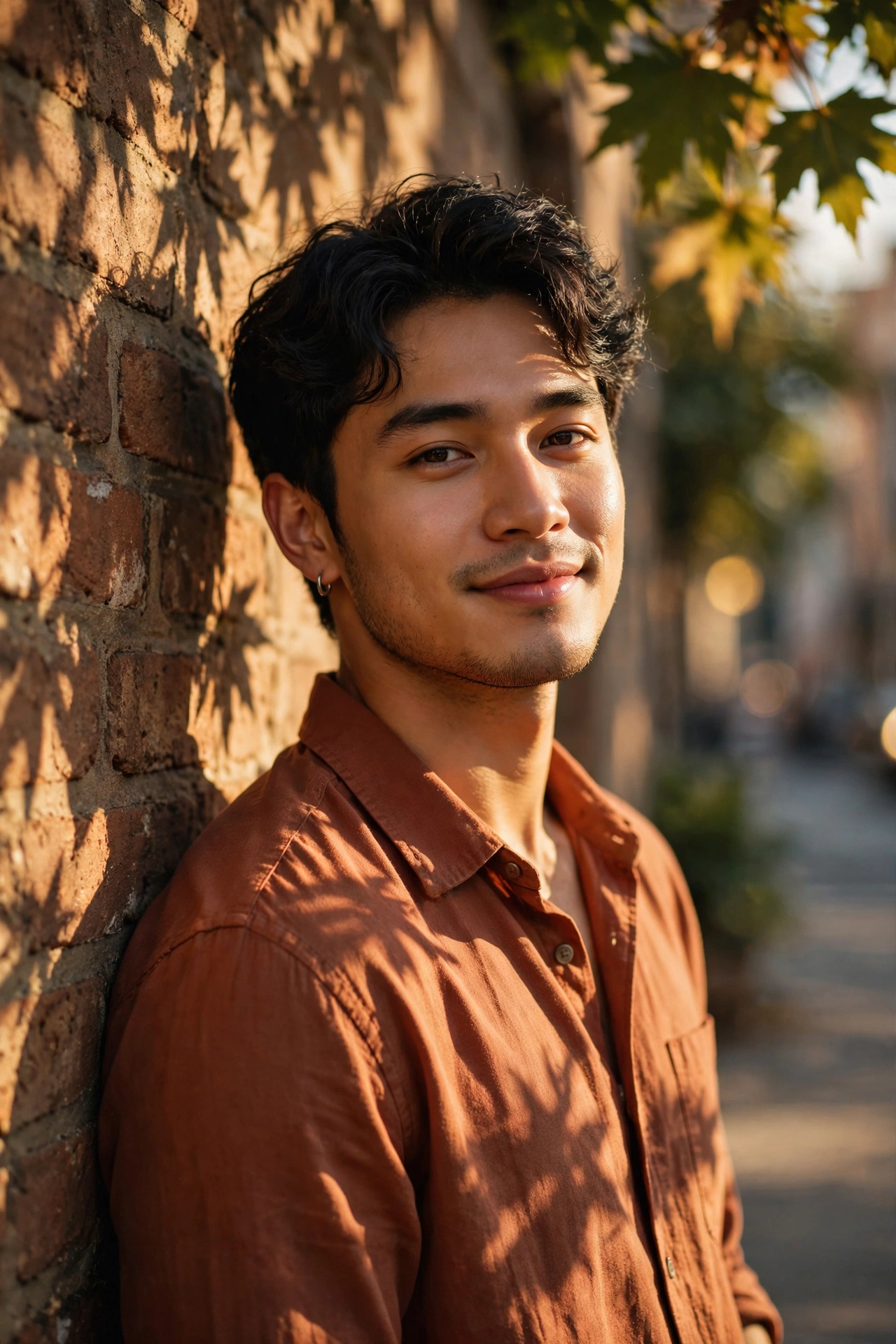 Create an ultra-realistic cinematic photograph of a stylish young man in a casual shirt posing by a sunlit wall with shadows of leaves, confident rela