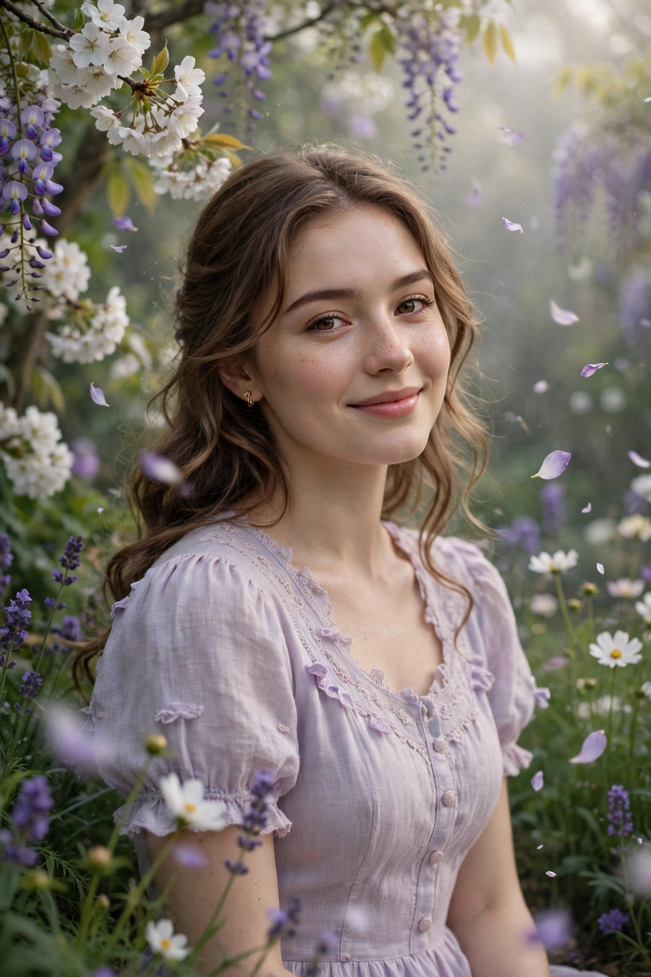 Create an ultra-realistic cinematic photograph of a young woman in a soft pastel dress in a blooming garden, dreamy haze, petals floating in the air