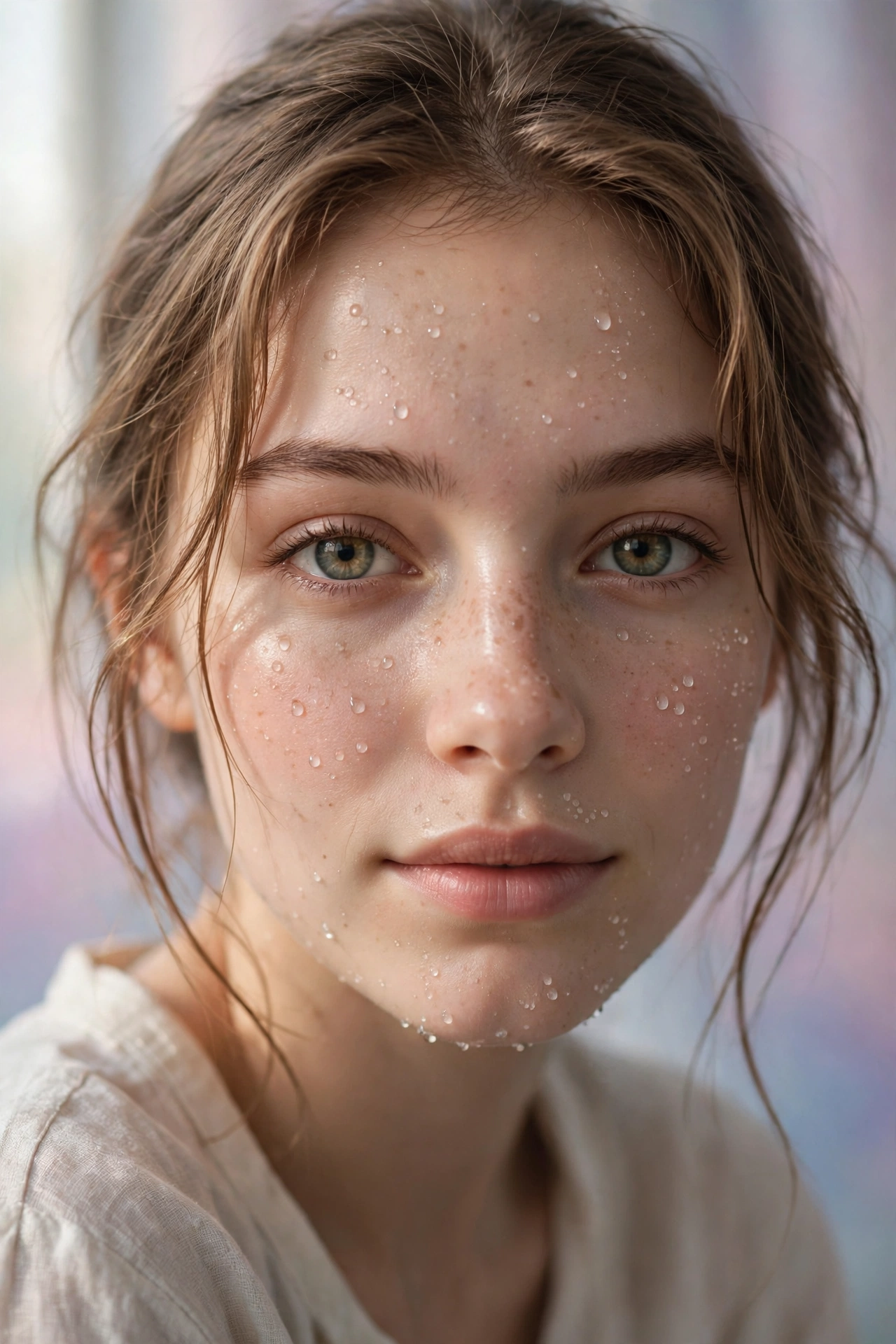 Create an ultra-realistic cinematic photograph of a close-up portrait of a young woman with expressive eyes, soft window light, dewdrops on skin, drea