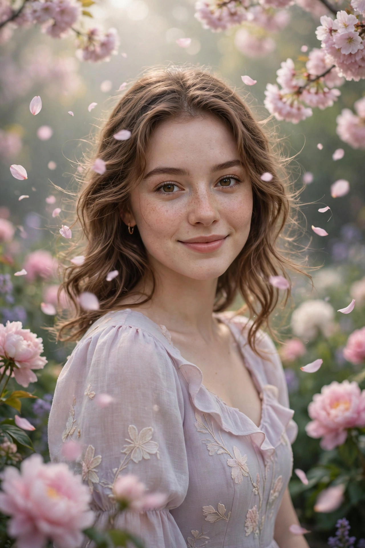 Create an ultra-realistic cinematic photograph of a young woman in a soft pastel dress in a blooming garden, dreamy haze, petals floating in the air