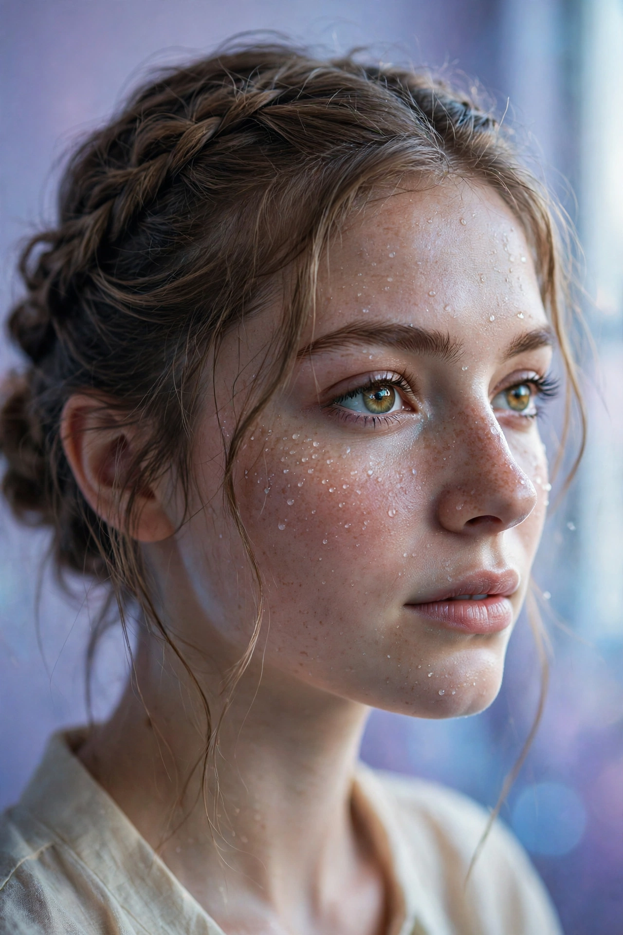 Create an ultra-realistic cinematic photograph of a close-up portrait of a young woman with expressive eyes, soft window light, dewdrops on skin, drea