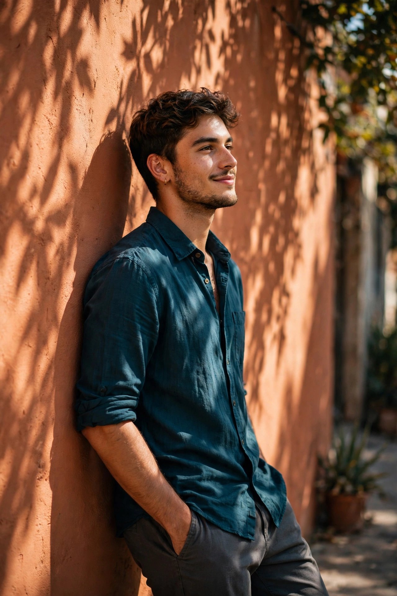 Create an ultra-realistic cinematic photograph of a stylish young man in a casual shirt posing by a sunlit wall with shadows of leaves, confident rela