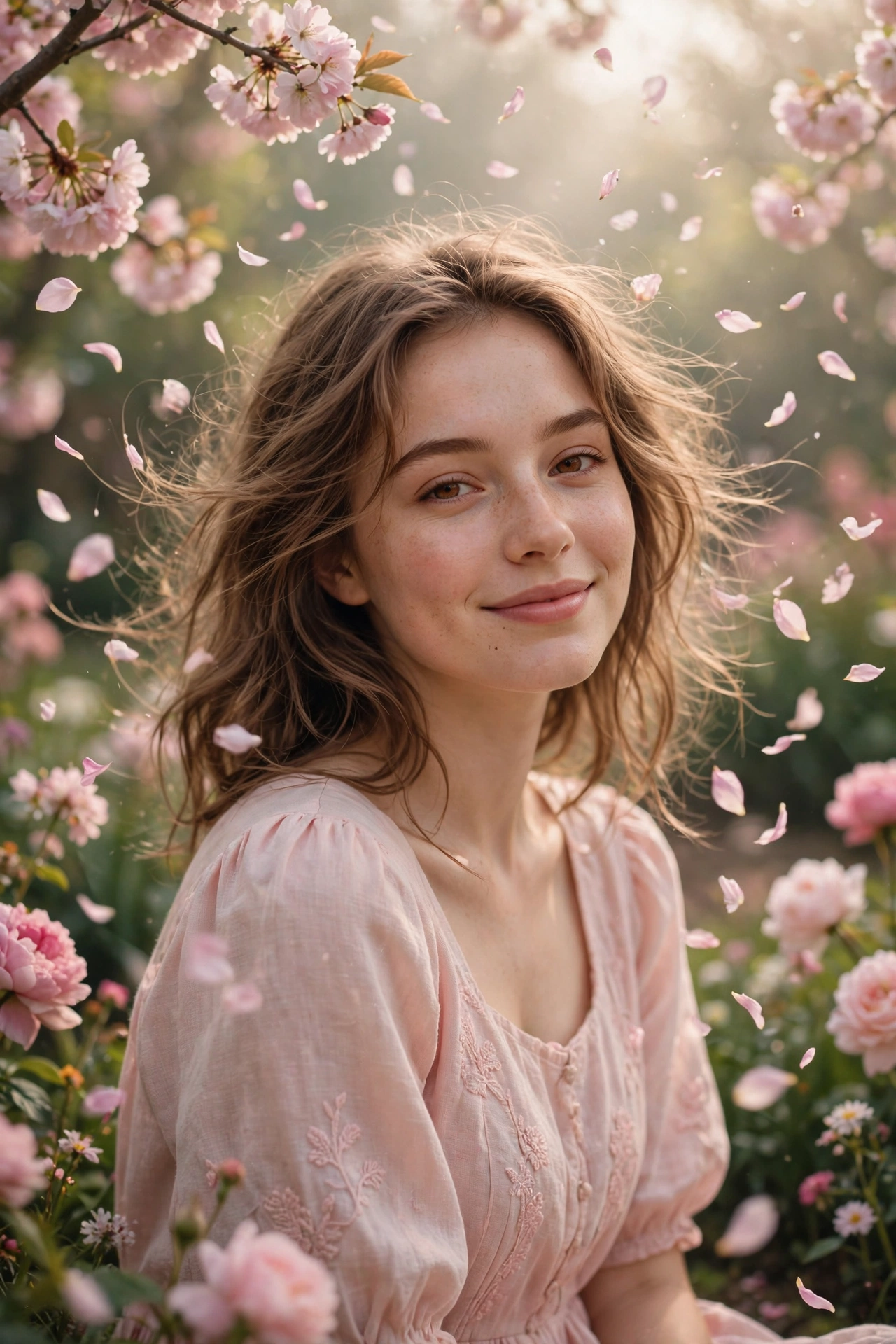 Create an ultra-realistic cinematic photograph of a young woman in a soft pastel dress in a blooming garden, dreamy haze, petals floating in the air