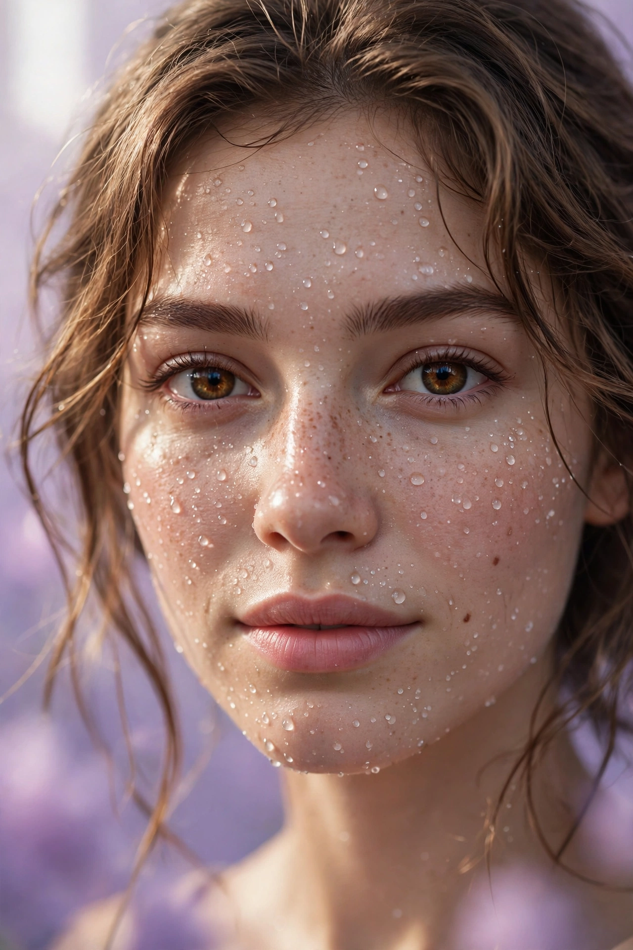 Create an ultra-realistic cinematic photograph of a close-up portrait of a young woman with expressive eyes, soft window light, dewdrops on skin, drea