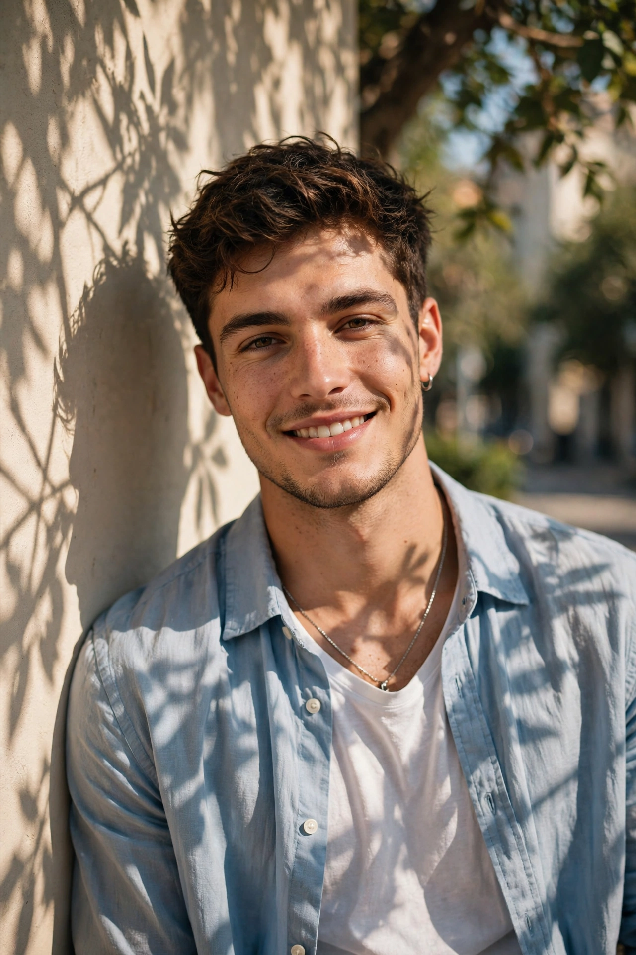 Create an ultra-realistic cinematic photograph of a stylish young man in a casual shirt posing by a sunlit wall with shadows of leaves, confident rela