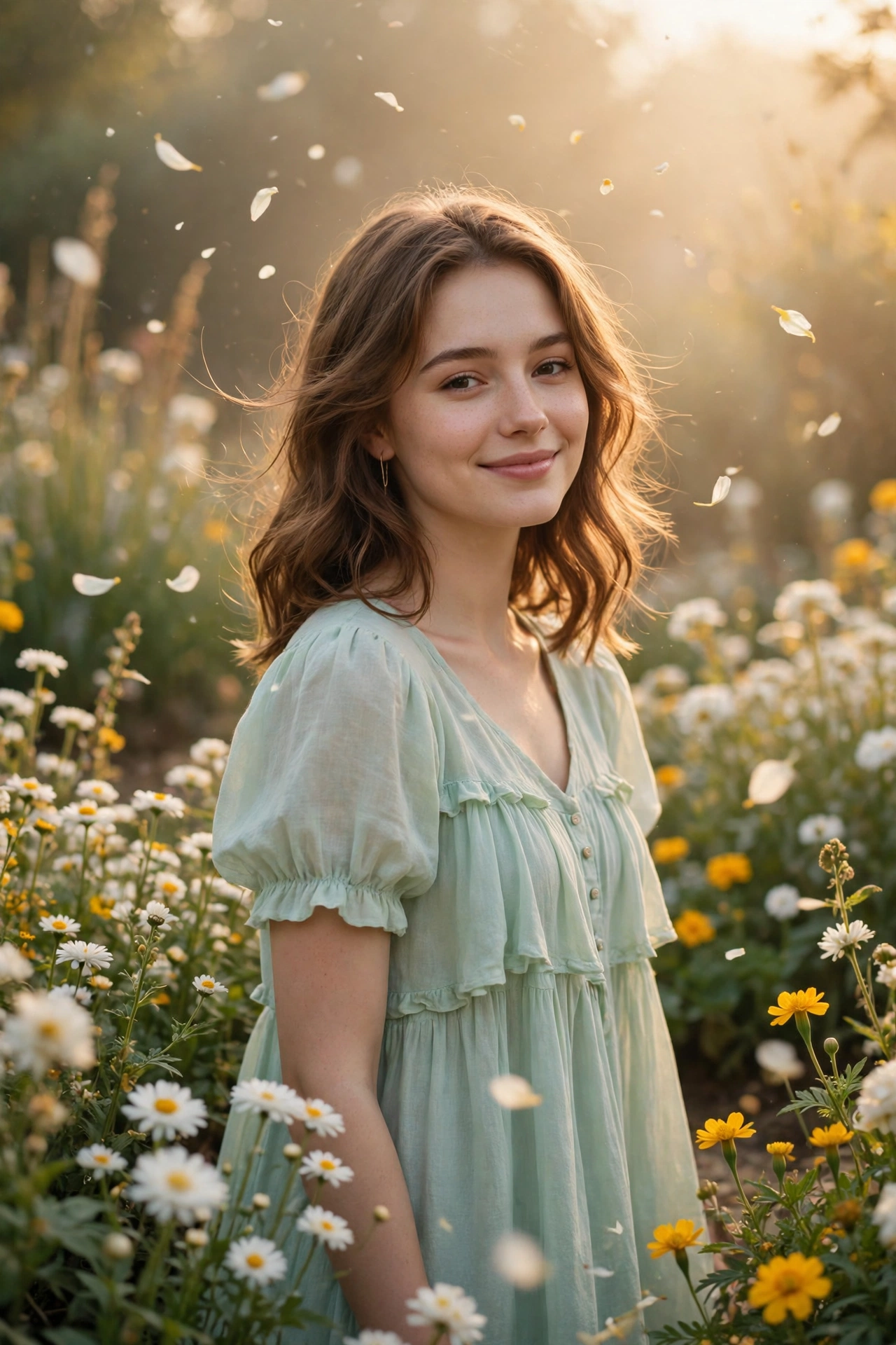 Create an ultra-realistic cinematic photograph of a young woman in a soft pastel dress in a blooming garden, dreamy haze, petals floating in the air
