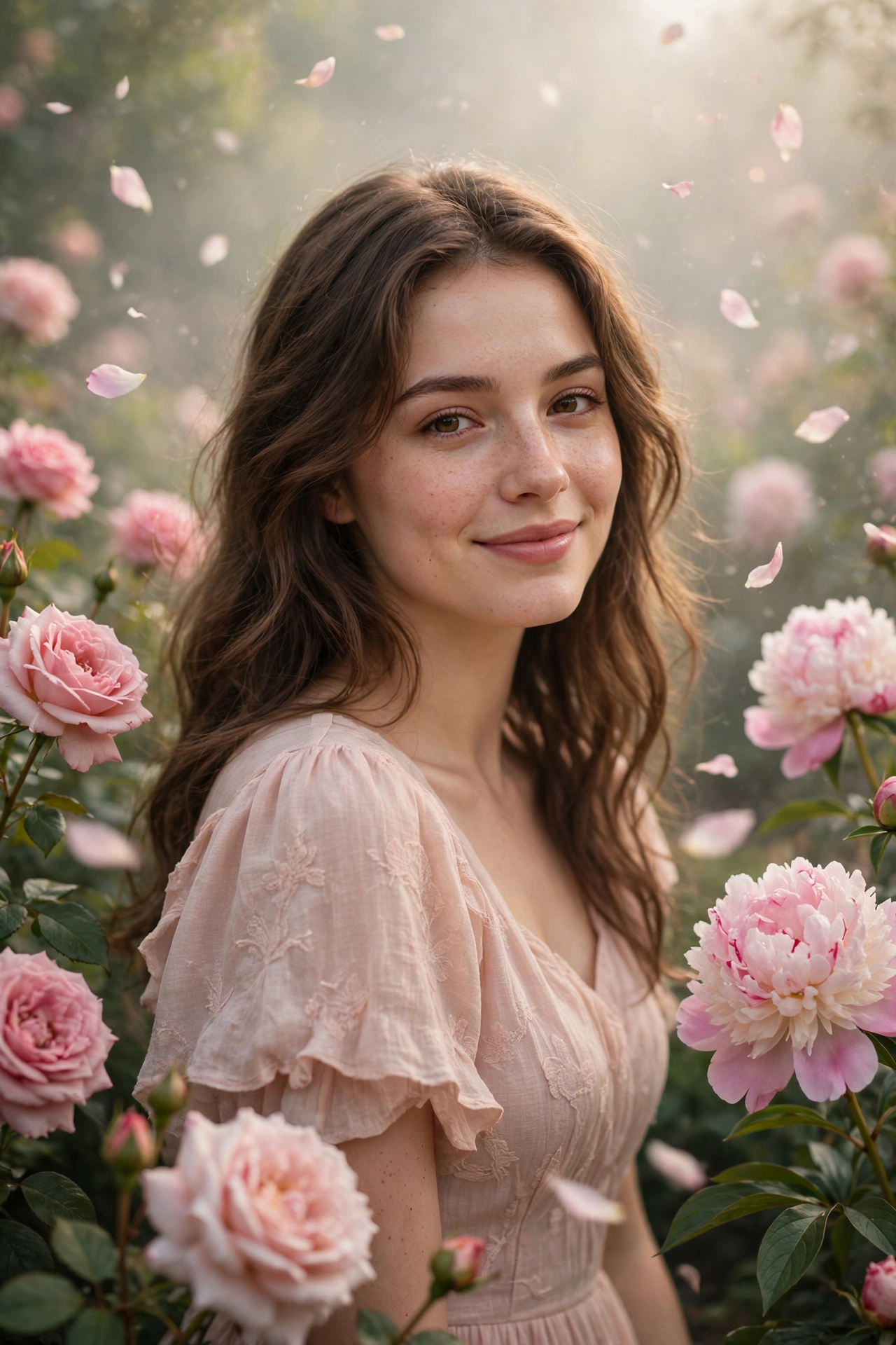 Create an ultra-realistic cinematic photograph of a young woman in a soft pastel dress in a blooming garden, dreamy haze, petals floating in the air