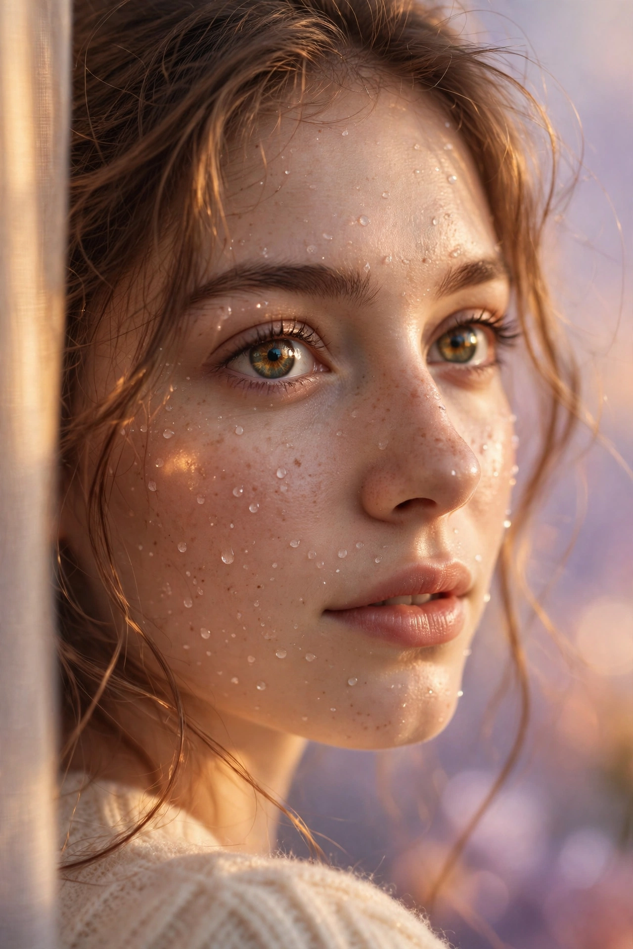 Create an ultra-realistic cinematic photograph of a close-up portrait of a young woman with expressive eyes, soft window light, dewdrops on skin, drea