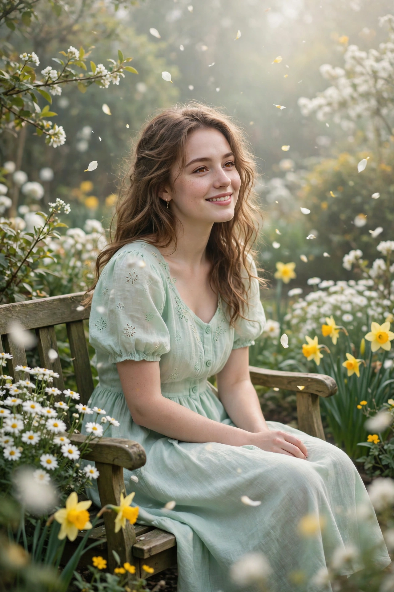 Create an ultra-realistic cinematic photograph of a young woman in a soft pastel dress in a blooming garden, dreamy haze, petals floating in the air