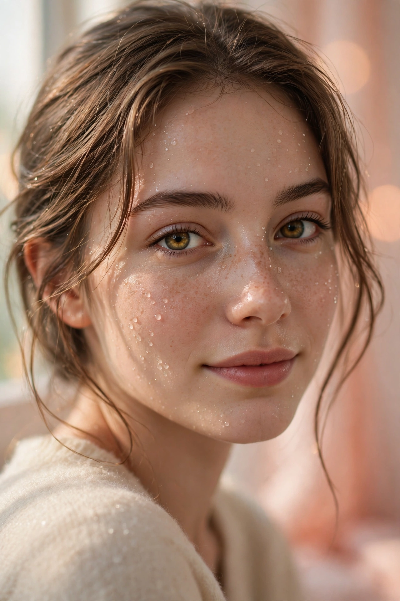 Create an ultra-realistic cinematic photograph of a close-up portrait of a young woman with expressive eyes, soft window light, dewdrops on skin, drea