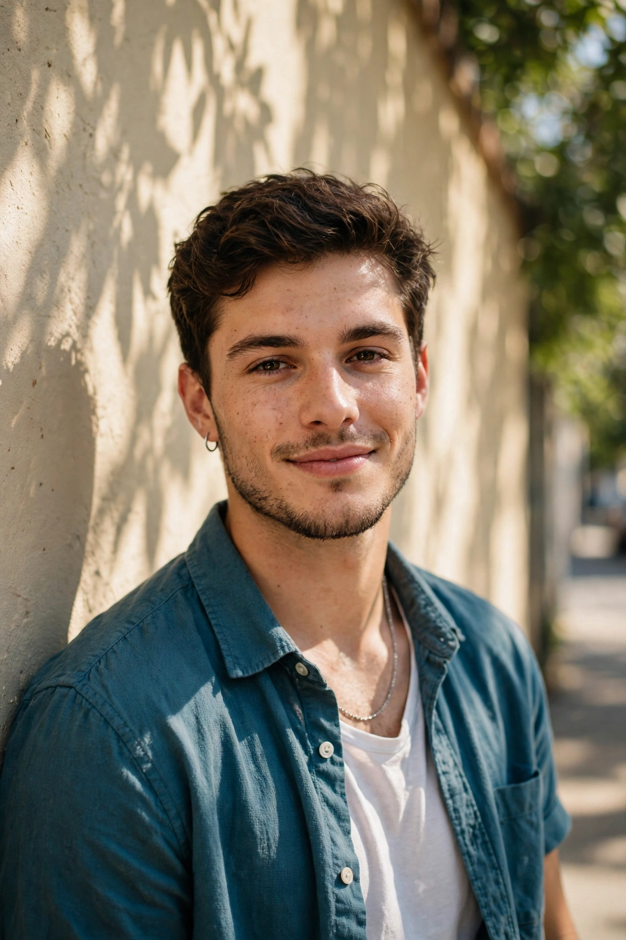 Create an ultra-realistic cinematic photograph of a stylish young man in a casual shirt posing by a sunlit wall with shadows of leaves, confident rela