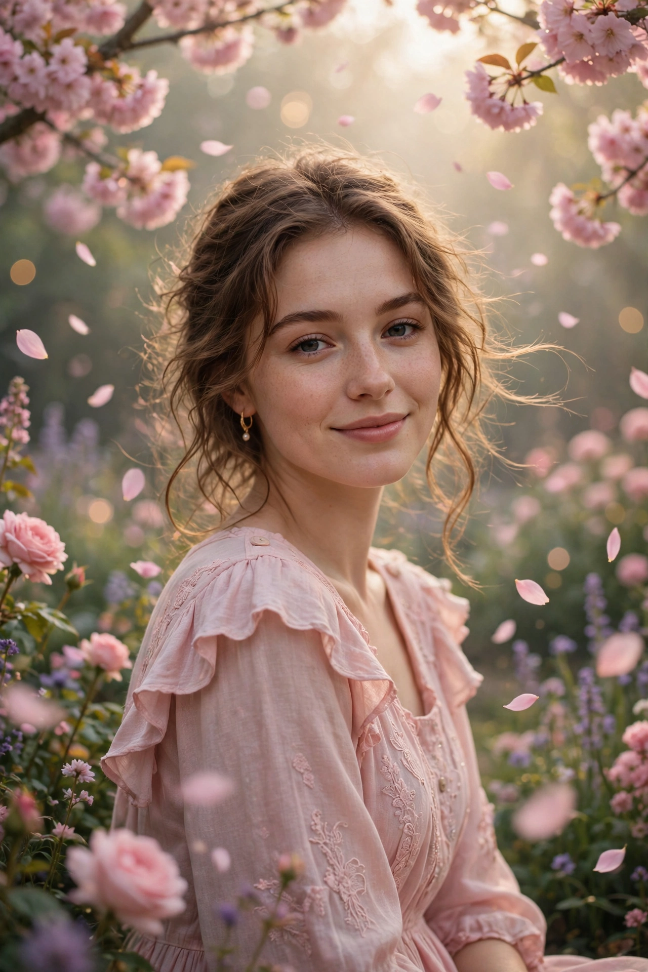 Create an ultra-realistic cinematic photograph of a young woman in a soft pastel dress in a blooming garden, dreamy haze, petals floating in the air