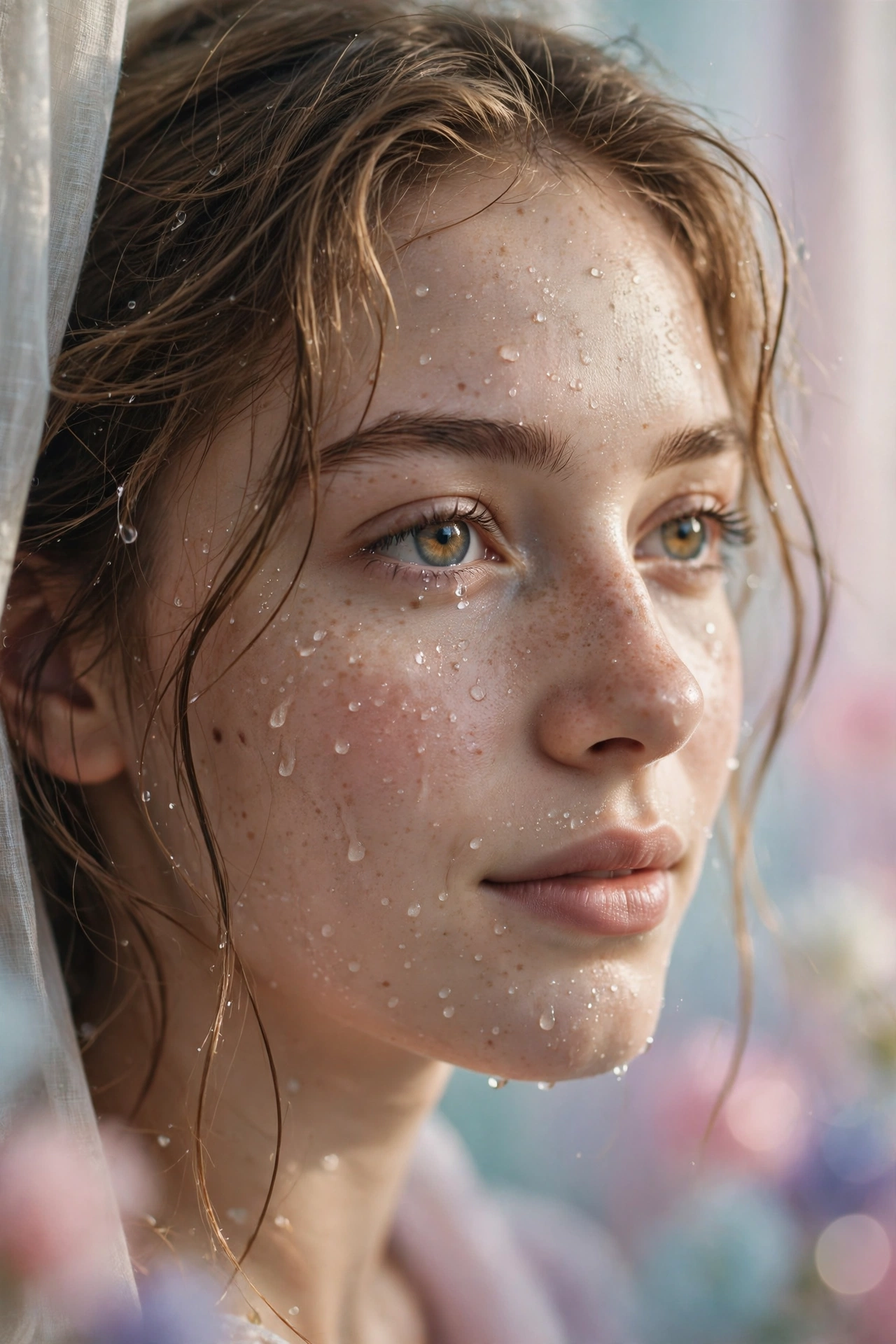 Create an ultra-realistic cinematic photograph of a close-up portrait of a young woman with expressive eyes, soft window light, dewdrops on skin, drea