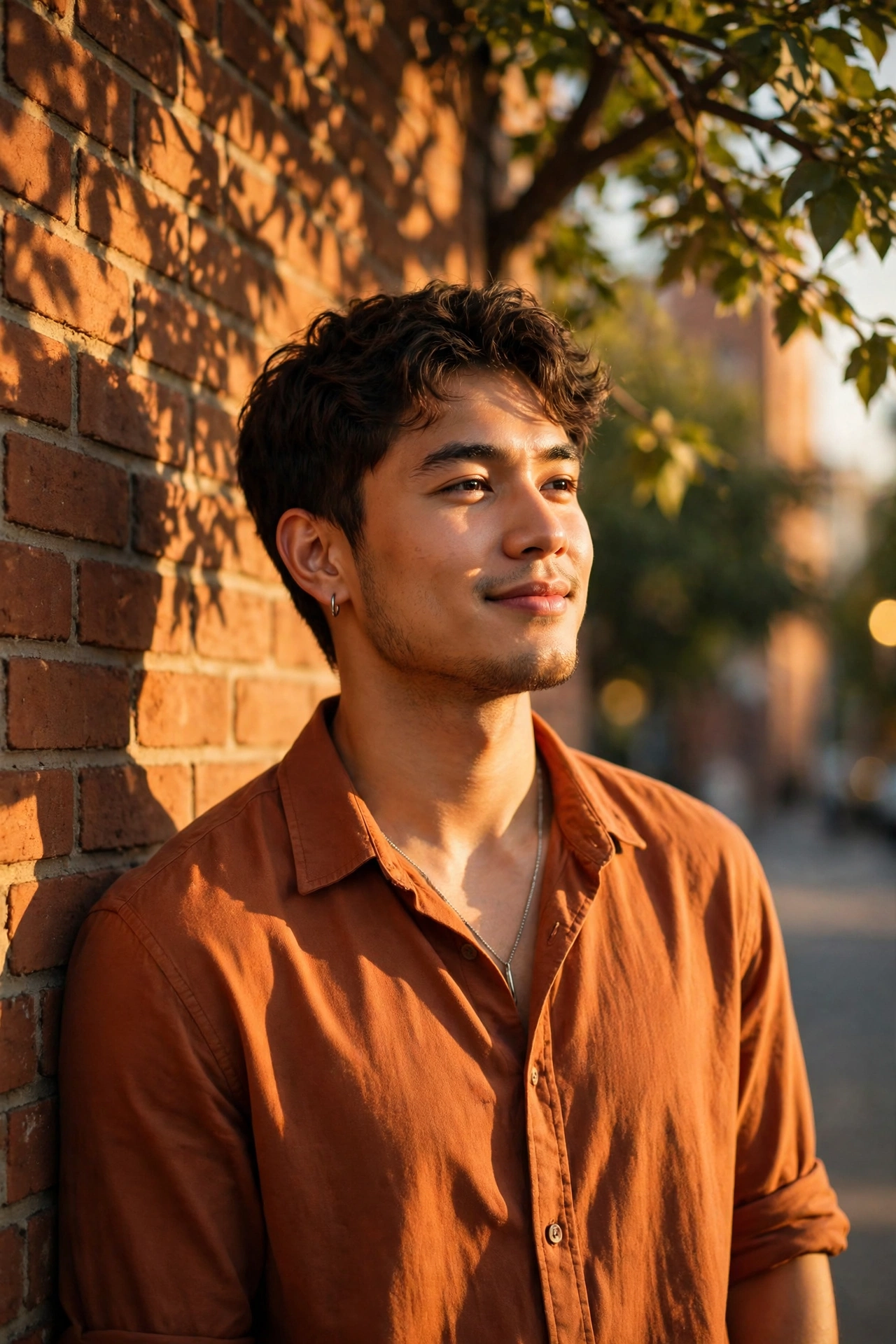 Create an ultra-realistic cinematic photograph of a stylish young man in a casual shirt posing by a sunlit wall with shadows of leaves, confident rela