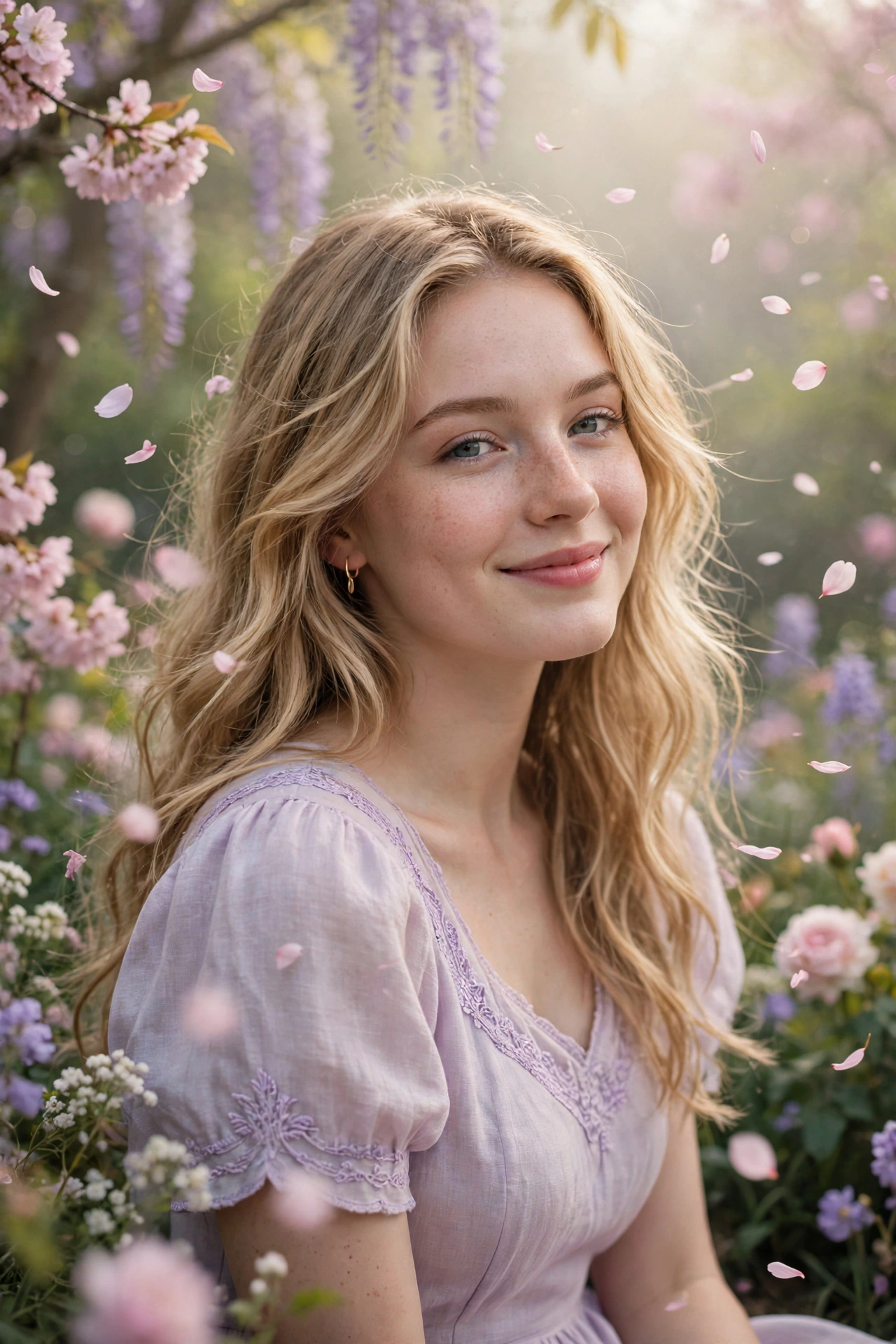 Create an ultra-realistic cinematic photograph of a young woman in a soft pastel dress in a blooming garden, dreamy haze, petals floating in the air