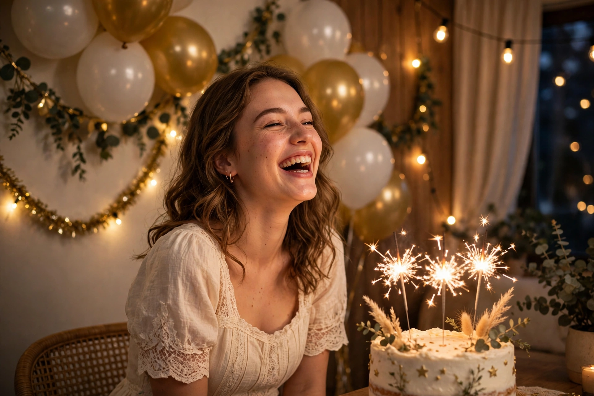 Create an ultra-realistic cinematic photograph of a young person celebrating a birthday in a room decorated with balloons in gold and white, a cake wi