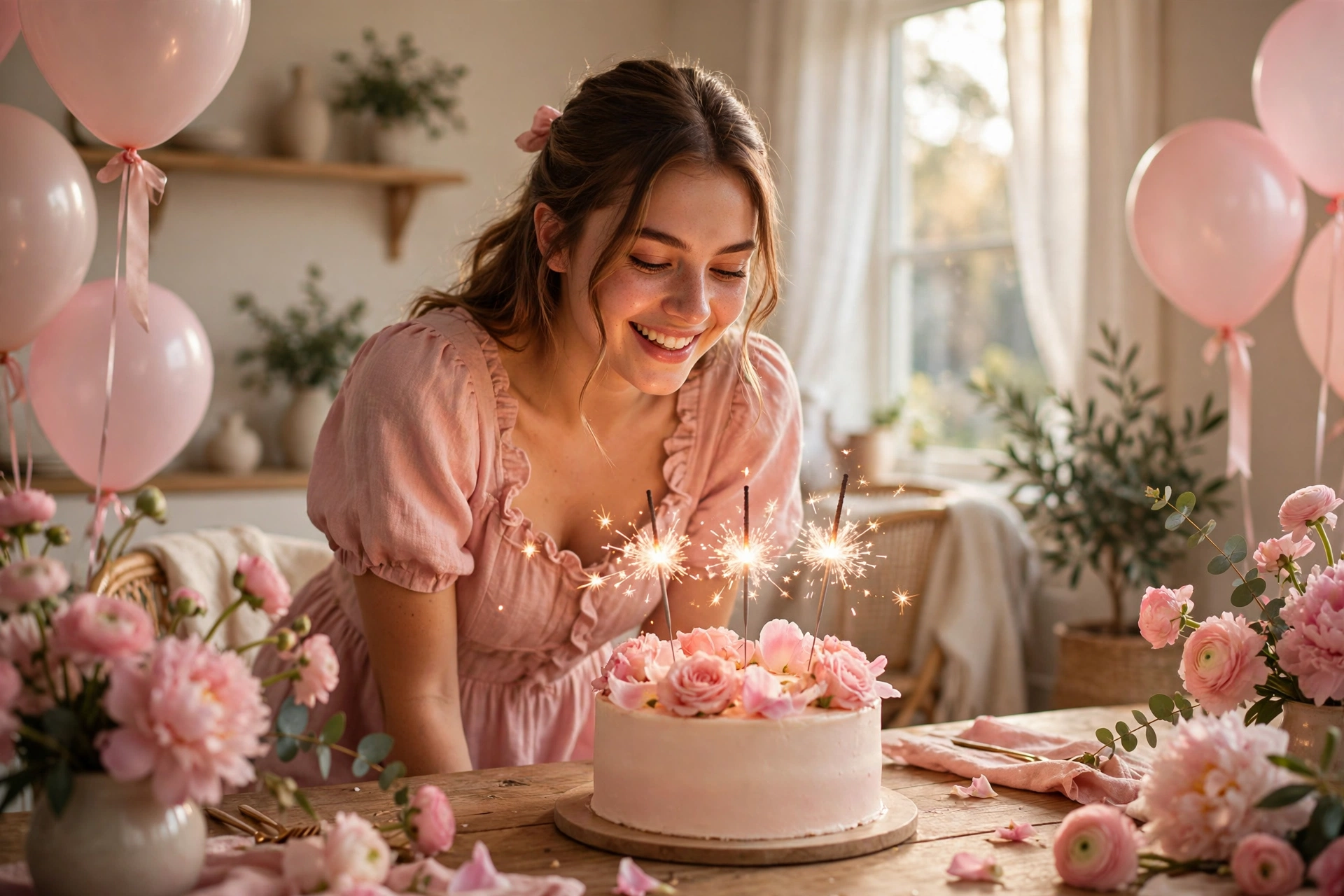Create an ultra-realistic cinematic photograph of a young person celebrating a birthday in a room decorated with balloons in pastel pink, a cake with
