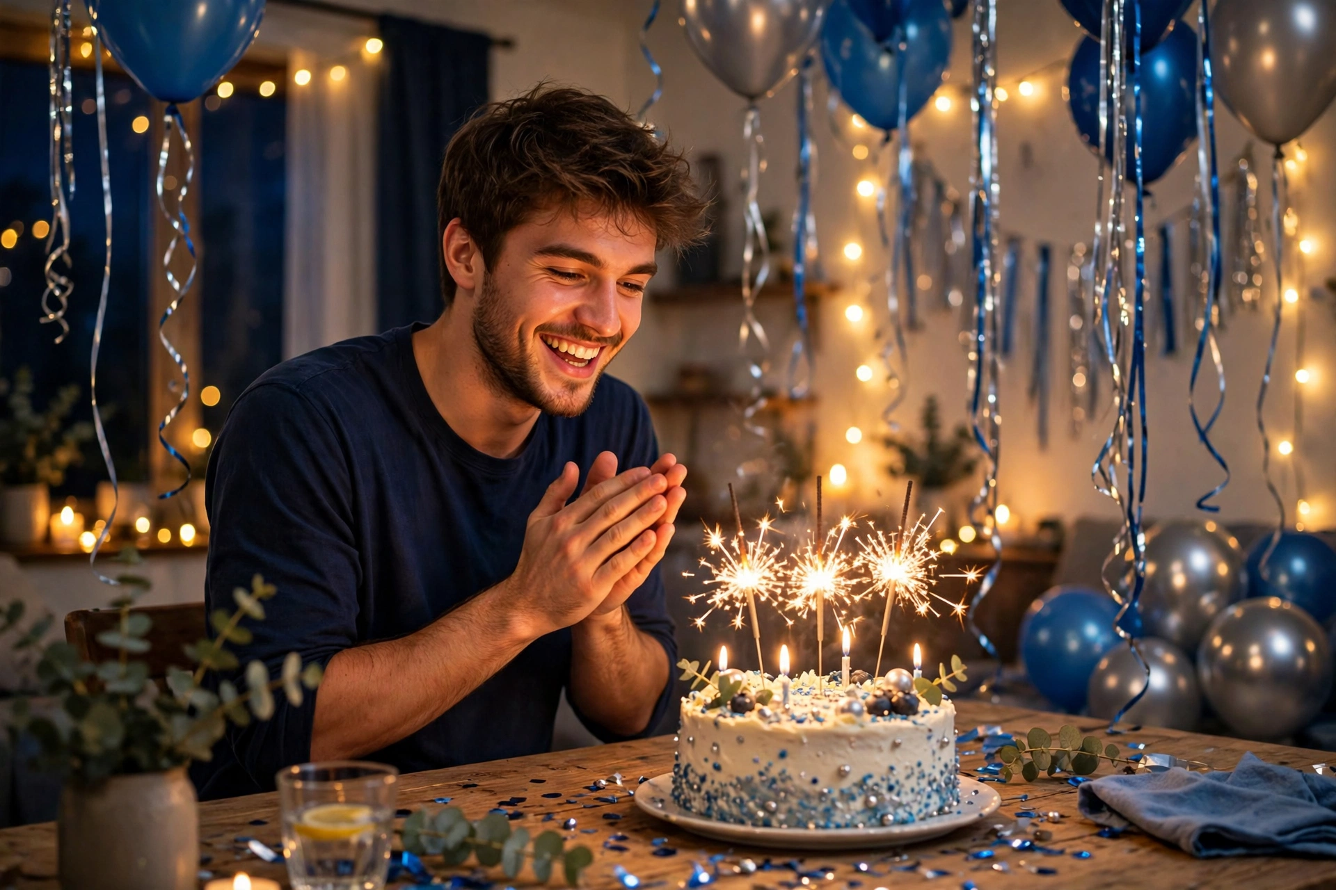 Create an ultra-realistic cinematic photograph of a young person celebrating a birthday in a room decorated with balloons in blue and silver, a cake w