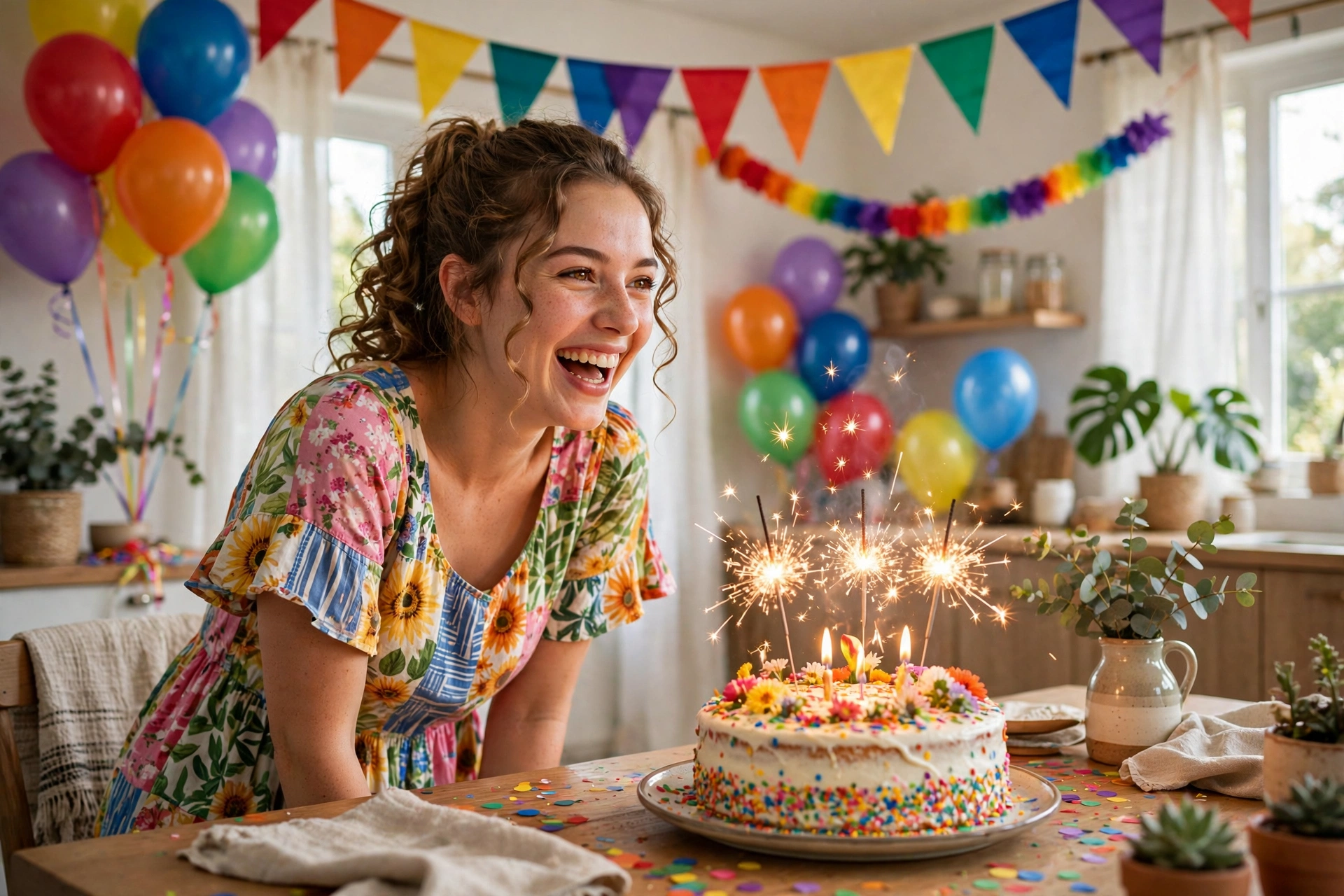 Create an ultra-realistic cinematic photograph of a young person celebrating a birthday in a room decorated with balloons in rainbow, a cake with spar