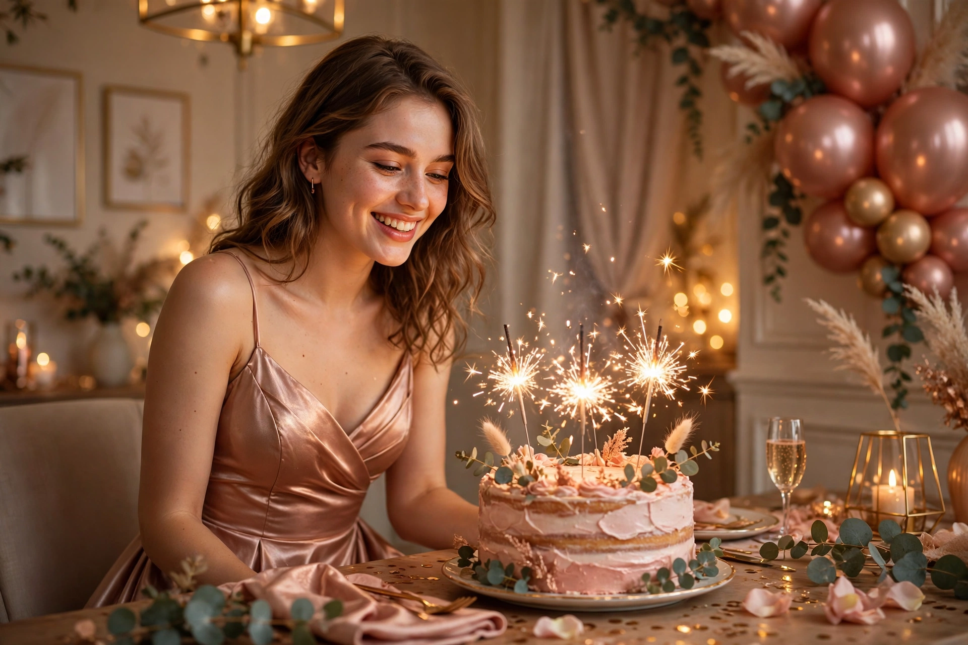Create an ultra-realistic cinematic photograph of a young person celebrating a birthday in a room decorated with balloons in rose gold, a cake with sp