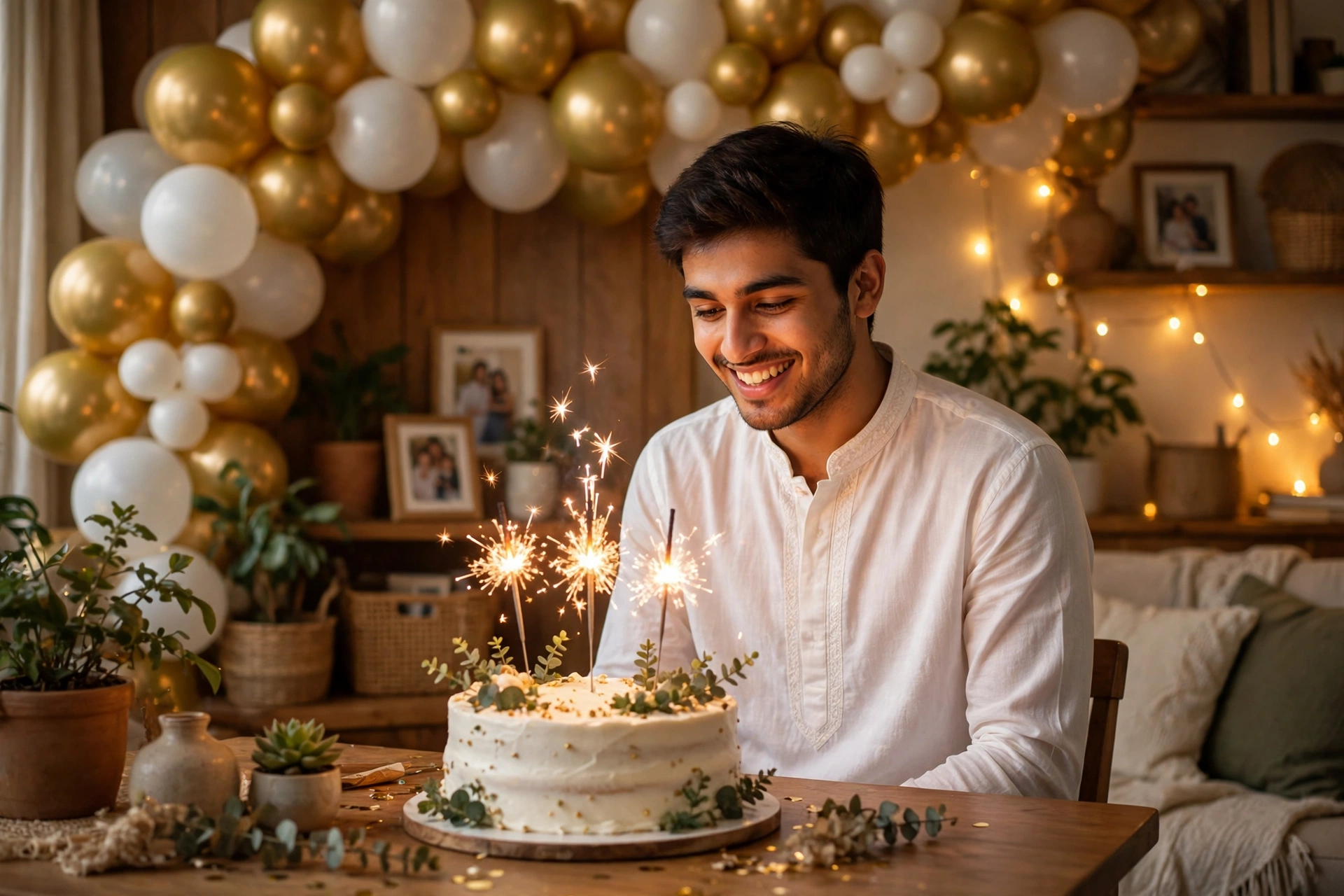 Create an ultra-realistic cinematic photograph of a young person celebrating a birthday in a room decorated with balloons in gold and white, a cake wi