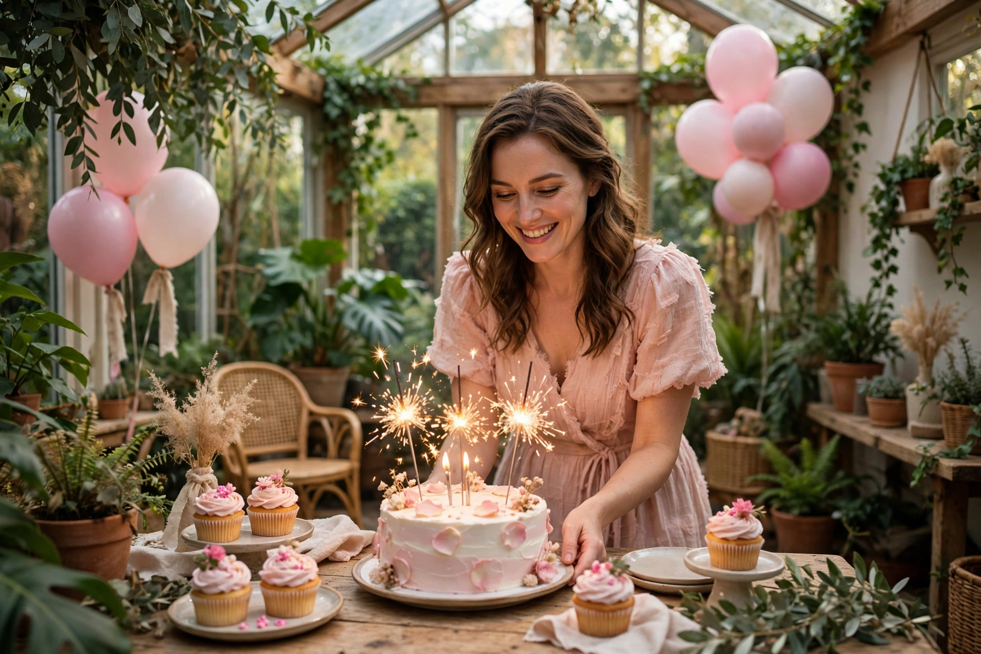 Create an ultra-realistic cinematic photograph of a young person celebrating a birthday in a room decorated with balloons in pastel pink, a cake with