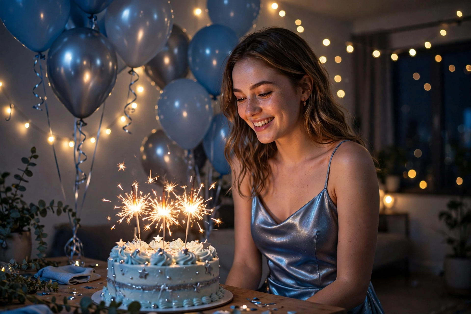 Create an ultra-realistic cinematic photograph of a young person celebrating a birthday in a room decorated with balloons in blue and silver, a cake w