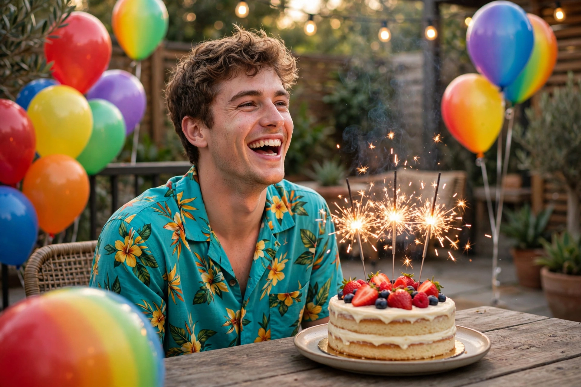 Create an ultra-realistic cinematic photograph of a young person celebrating a birthday in a room decorated with balloons in rainbow, a cake with spar
