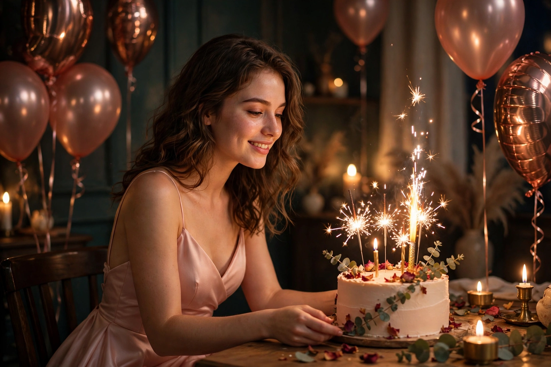 Create an ultra-realistic cinematic photograph of a young person celebrating a birthday in a room decorated with balloons in rose gold, a cake with sp