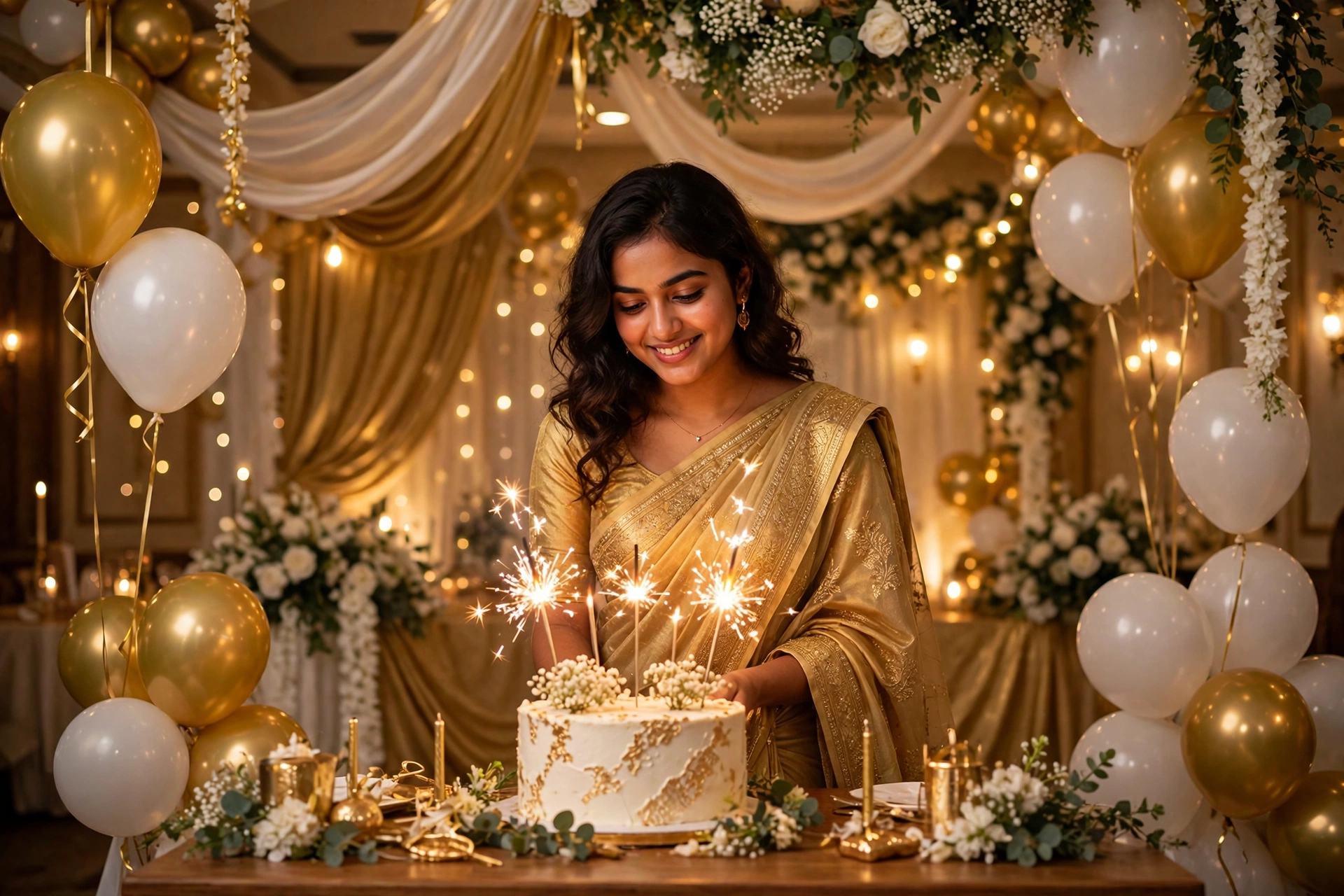Create an ultra-realistic cinematic photograph of a young person celebrating a birthday in a room decorated with balloons in gold and white, a cake wi