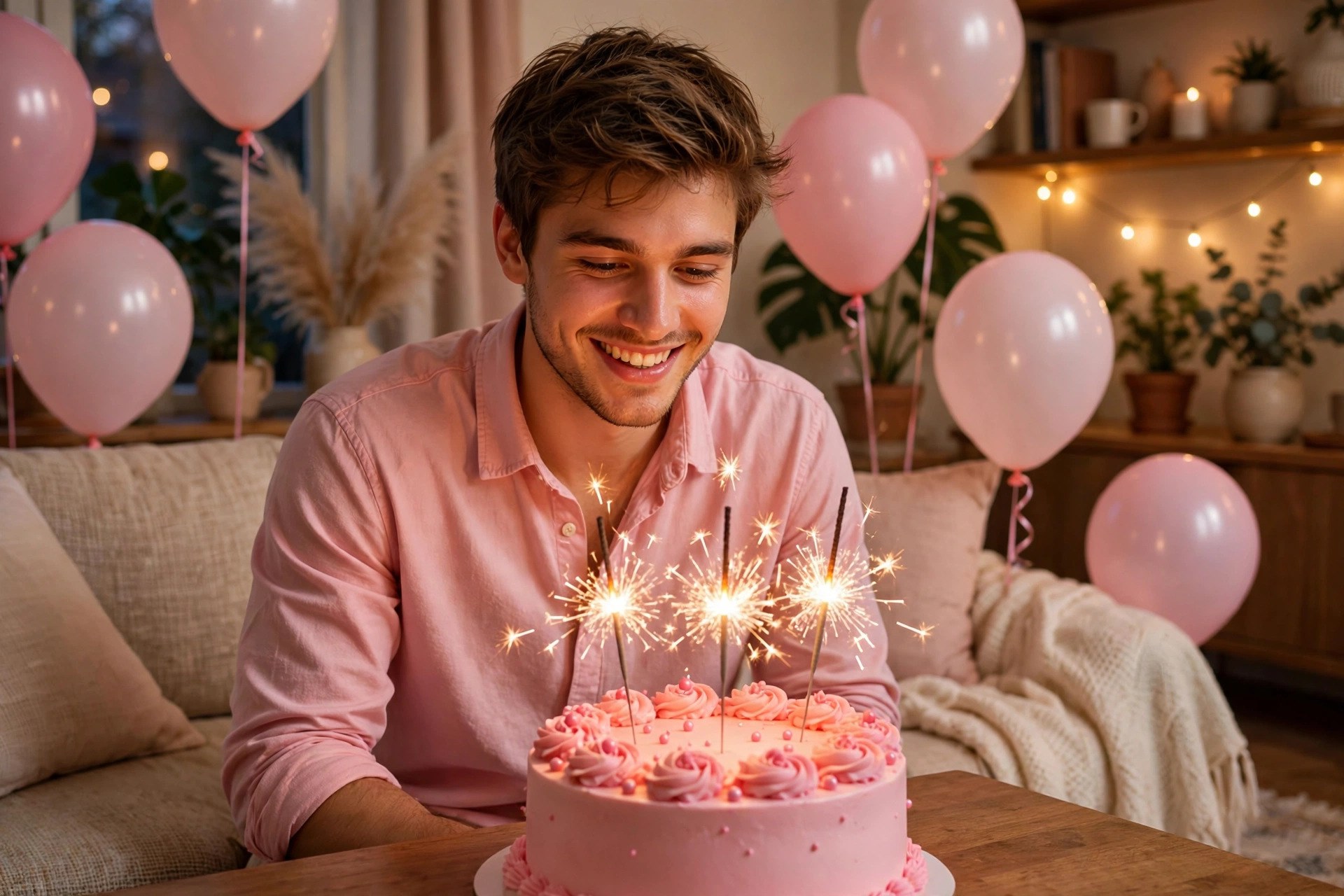 Create an ultra-realistic cinematic photograph of a young person celebrating a birthday in a room decorated with balloons in pastel pink, a cake with