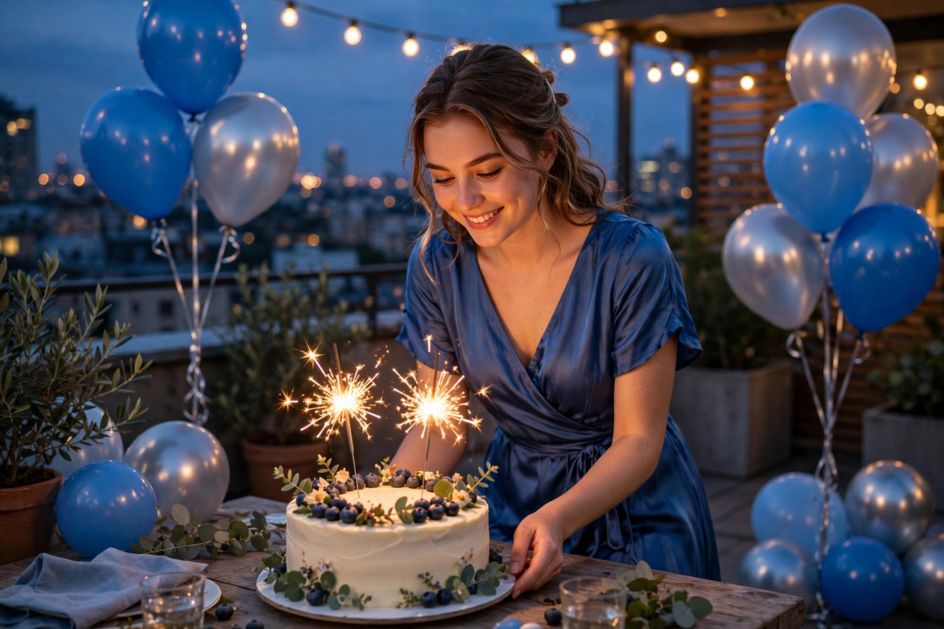Create an ultra-realistic cinematic photograph of a young person celebrating a birthday in a room decorated with balloons in blue and silver, a cake w