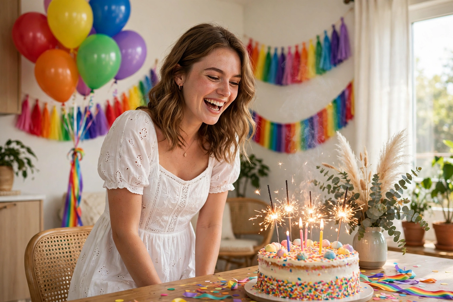 Create an ultra-realistic cinematic photograph of a young person celebrating a birthday in a room decorated with balloons in rainbow, a cake with spar