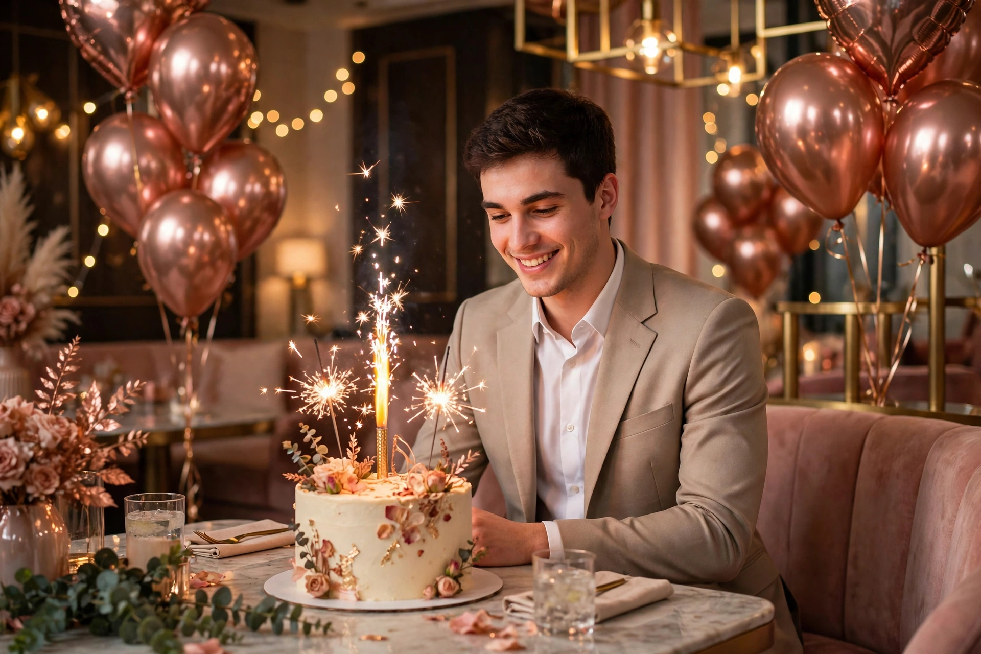 Create an ultra-realistic cinematic photograph of a young person celebrating a birthday in a room decorated with balloons in rose gold, a cake with sp