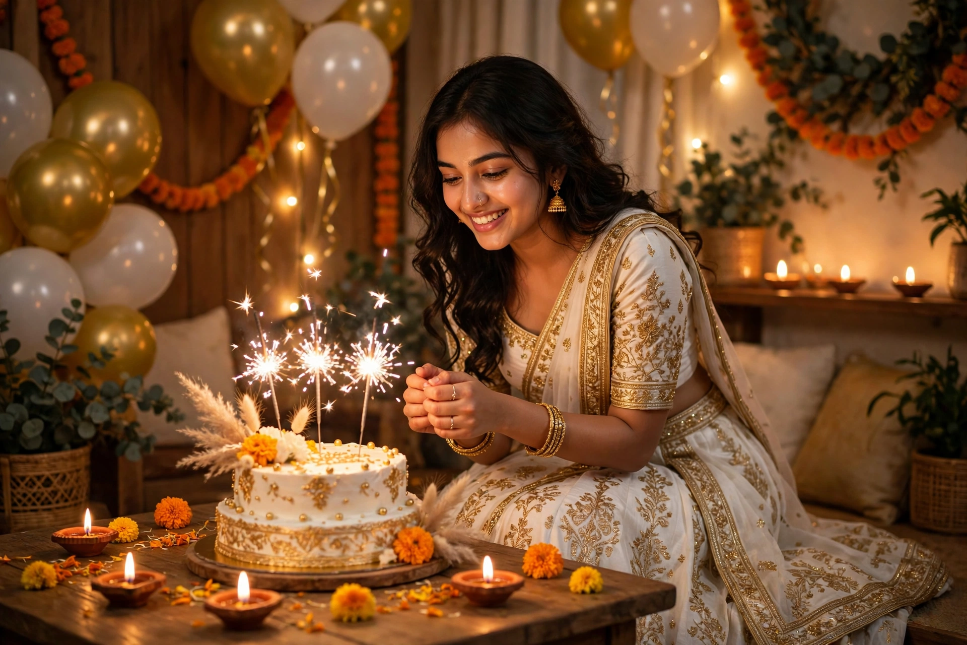 Create an ultra-realistic cinematic photograph of a young person celebrating a birthday in a room decorated with balloons in gold and white, a cake wi